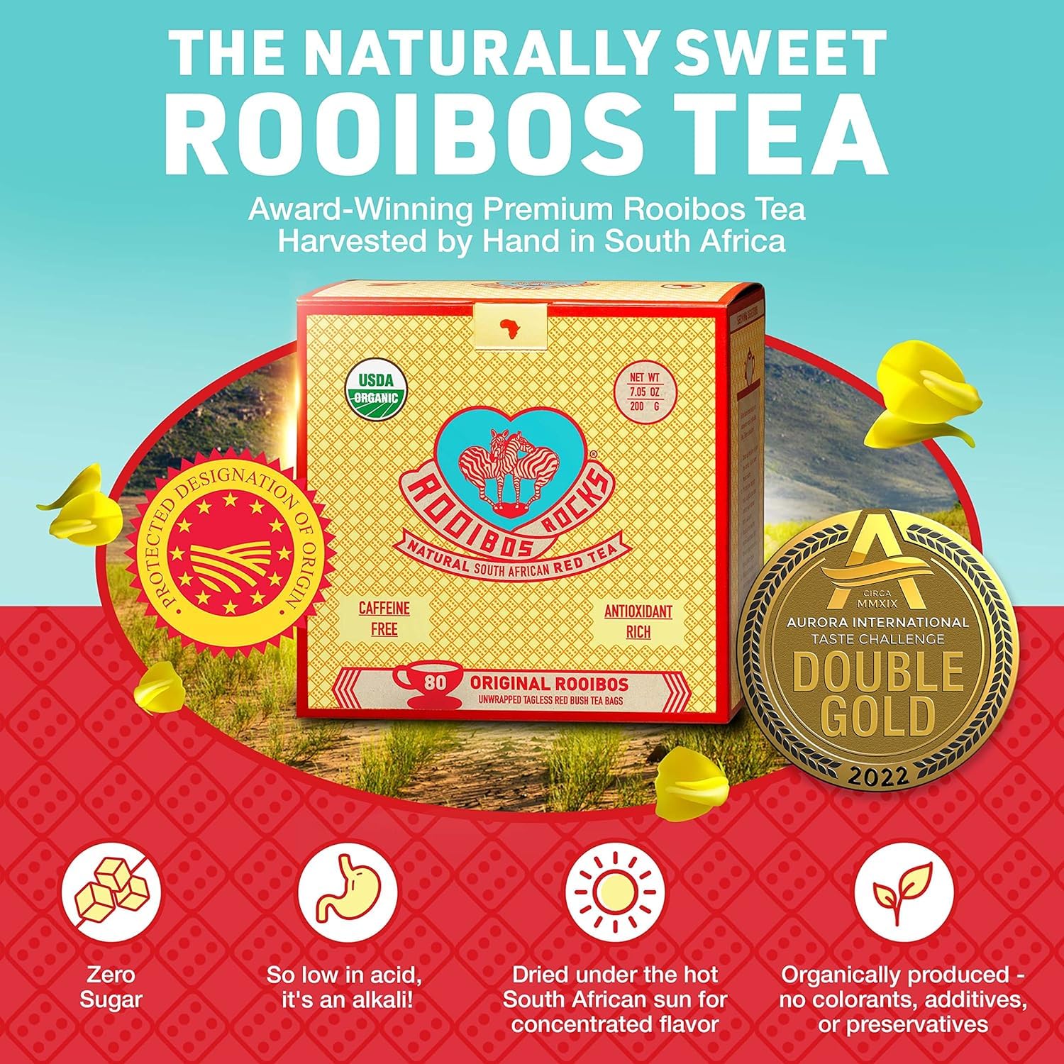 Hot cup scene with ROOIBOS ROCKS tea, a comforting, caffeine-free ritual.