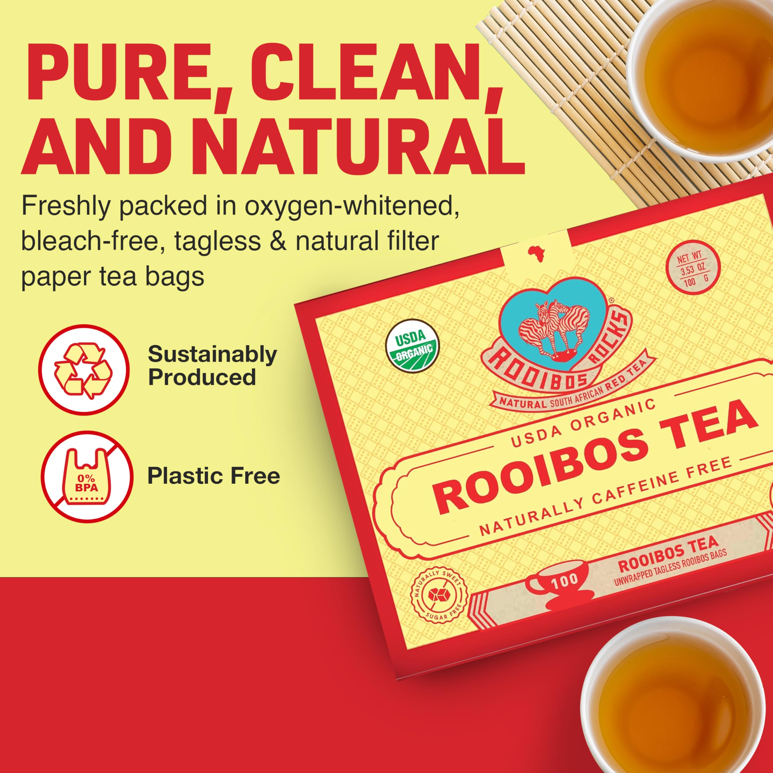 Rooibos Rocks tagless tea bags simplify steeping and reduce waste.