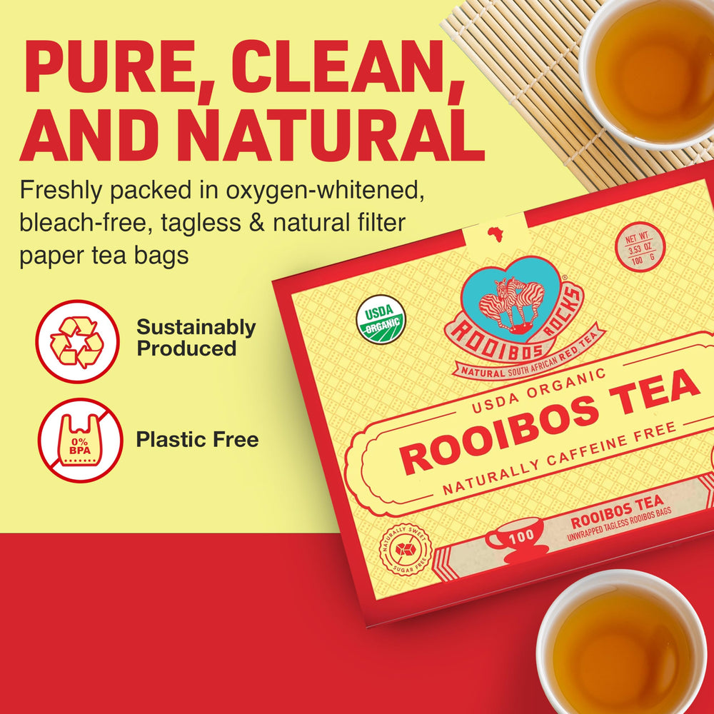Rooibos Rocks tagless tea bags simplify steeping and reduce waste.