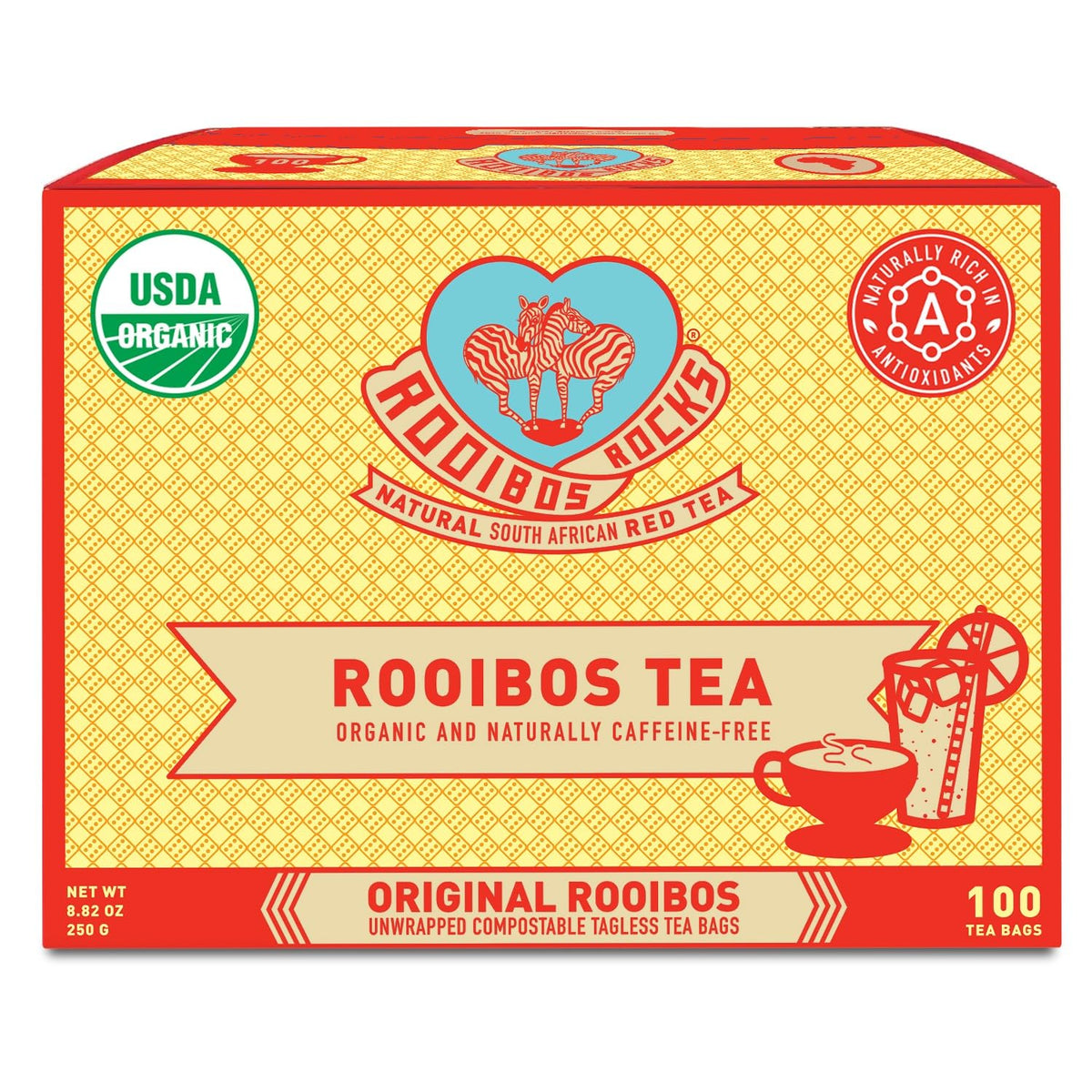Rooibos Rocks red tea bags steeping in a hot cup, caffeine-free comfort.