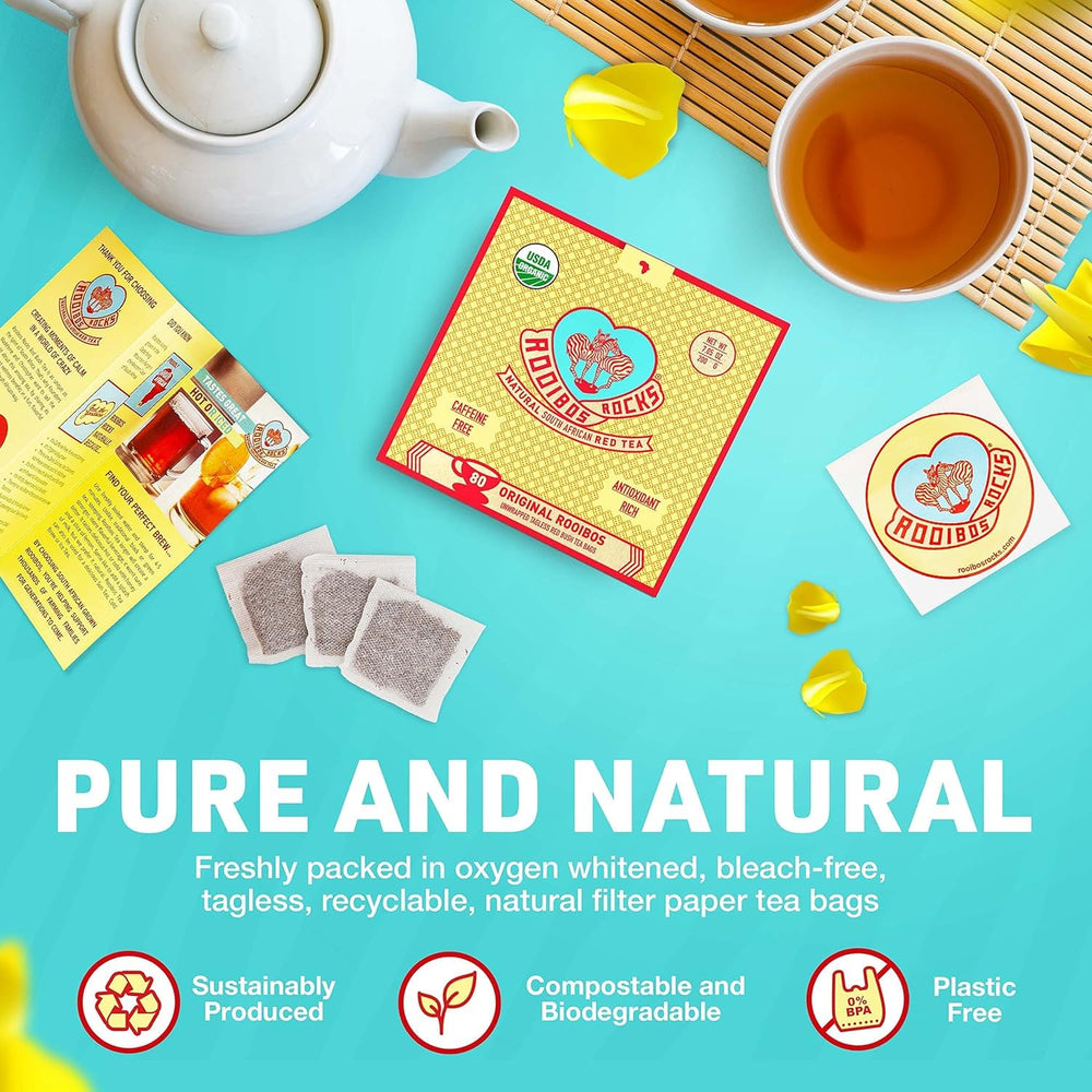 USDA-certified organic seal on ROOIBOS ROCKS packaging, emphasizing clean farming practices.