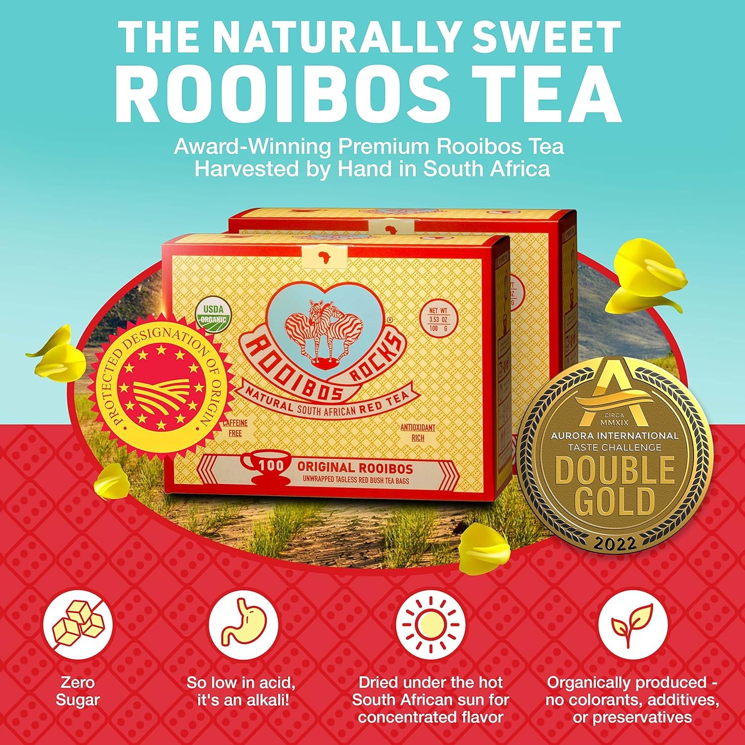 ROOIBOS ROCKS USDA organic certified tea bags ensure purity.
