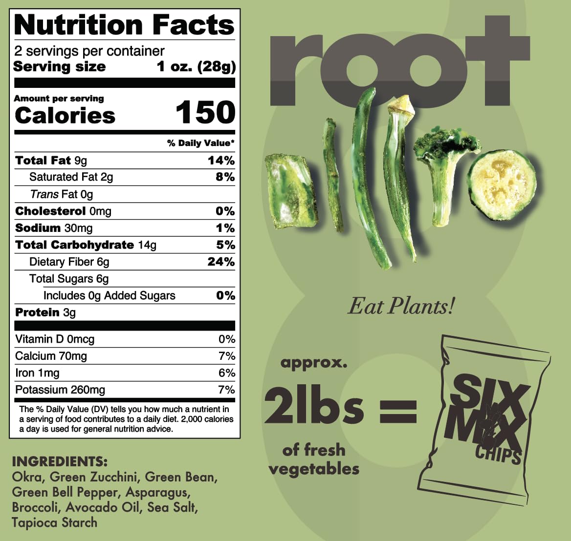 Root Foods SixMix chips ingredients showcase asparagus, green beans, and peppers