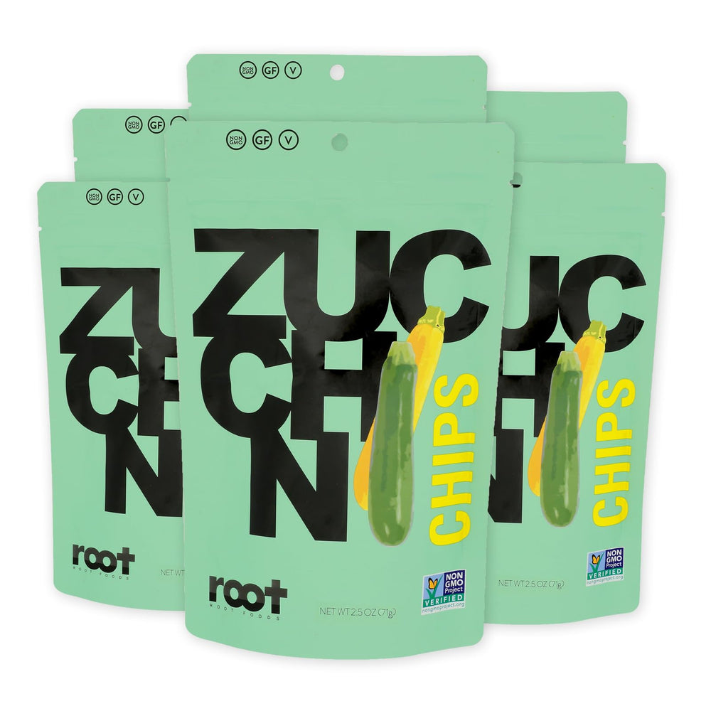 Root Foods Zucchini Chips front-view bag, wholesome veggie snack for any time