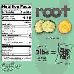 Root Foods Zucchini Chips sliced-zucchini closeup, fresh farm flavor in a light crunch