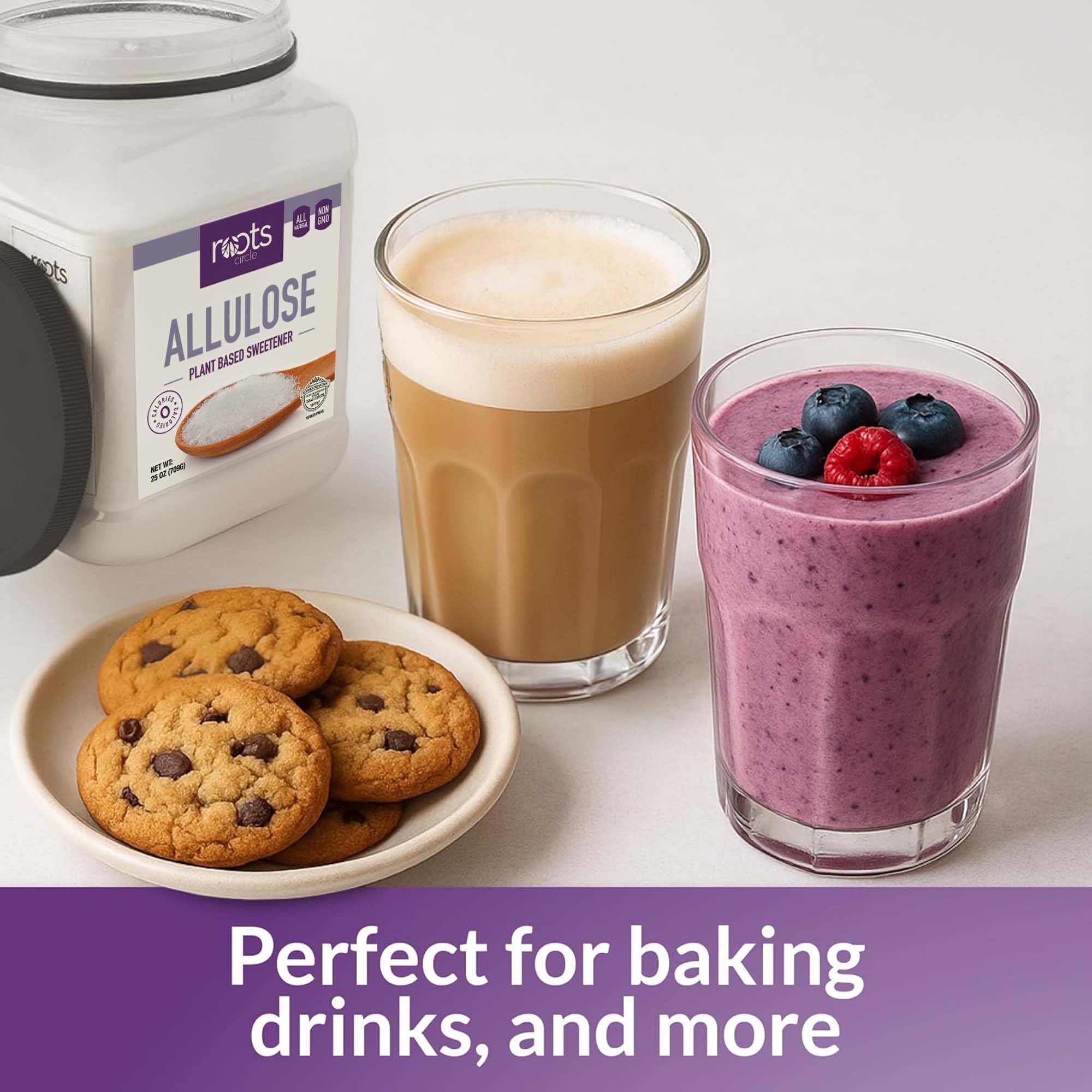 Roots Circle Allulose glass beverage shows a zero-calorie sweetness option