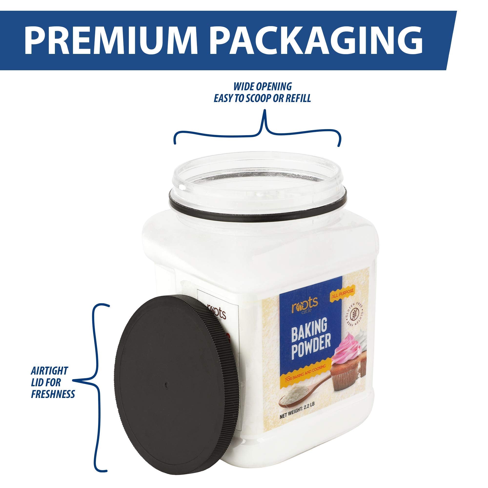 Roots Circle Baking Powder stored on a pantry shelf keeps baking ready.