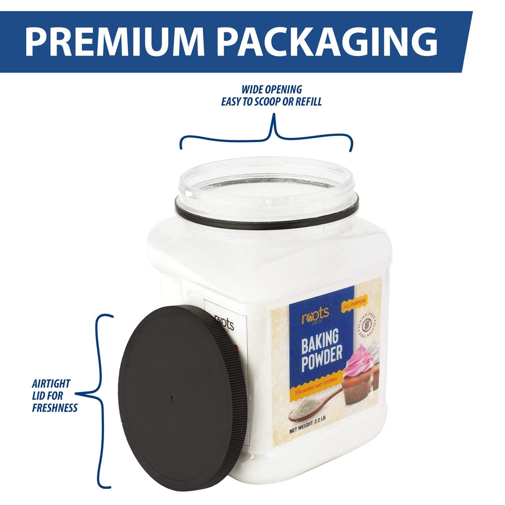 Roots Circle Baking Powder stored on a pantry shelf keeps baking ready.