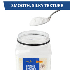 Roots Circle Baking Powder spoon highlights neutral flavor for versatile baking.