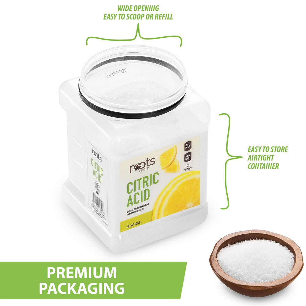 Roots Circle citric acid positioned for bath bombs and skincare DIY.