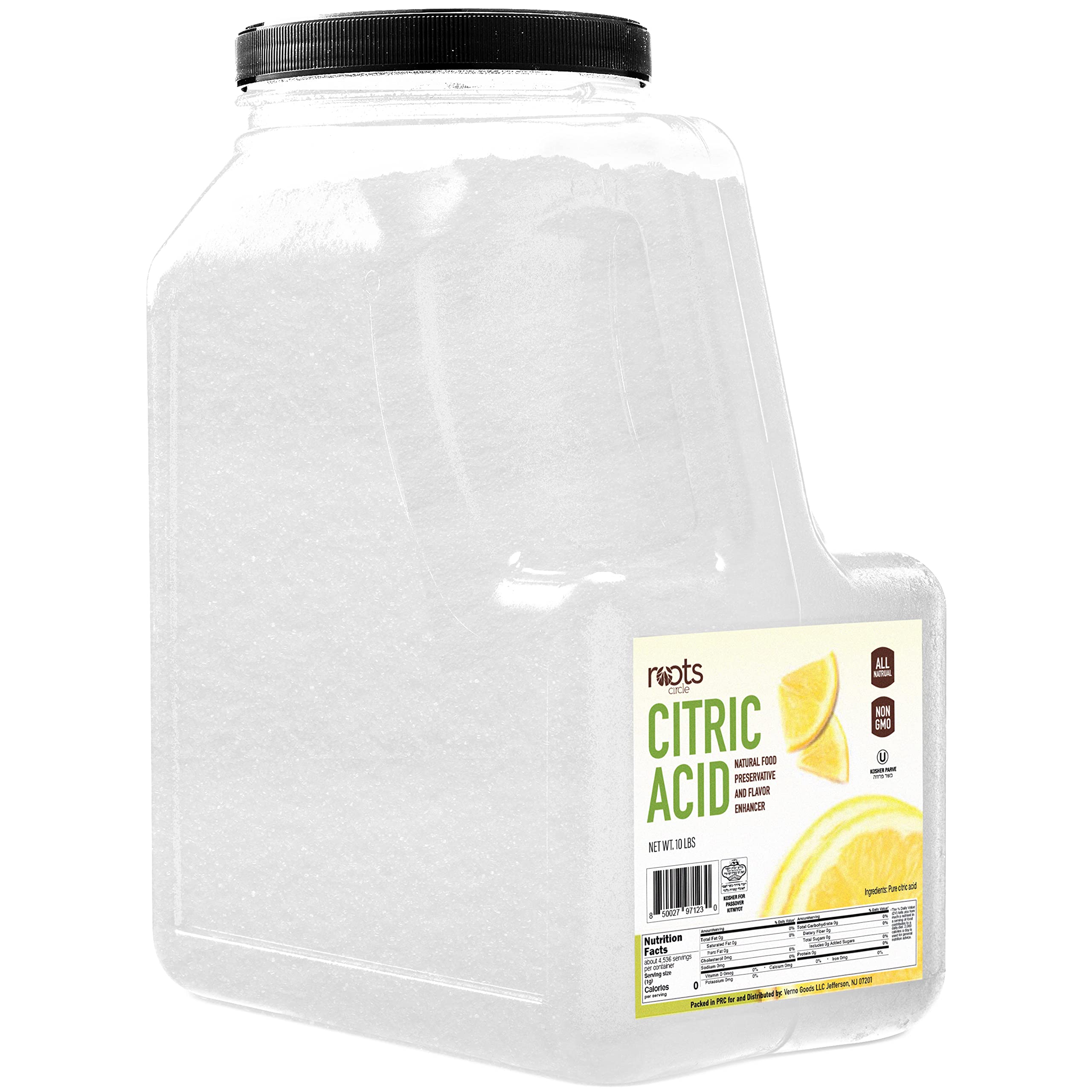 Roots Circle citric acid powder packaging on shelf for versatile kitchen and cleaning uses