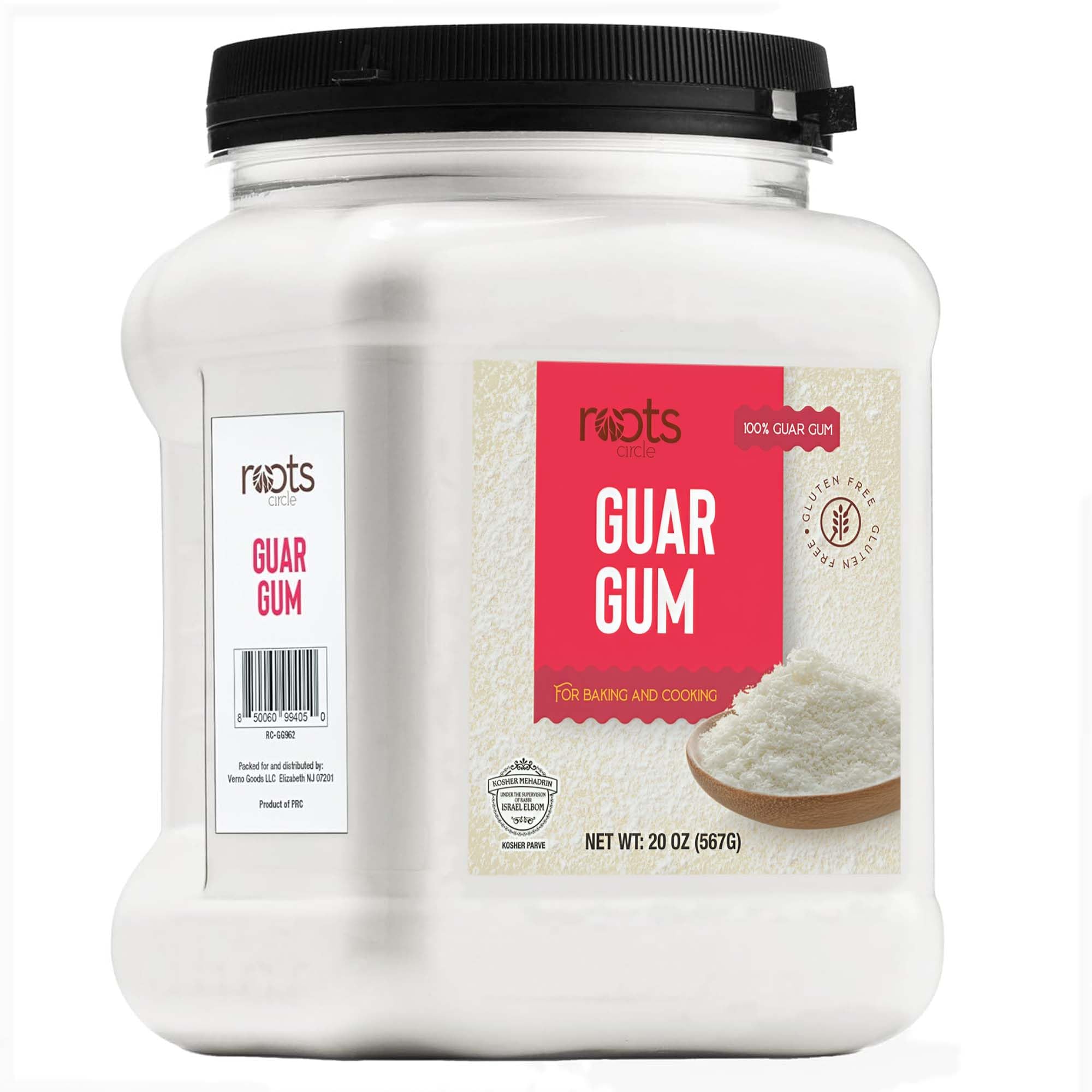 Roots Circle guar gum powder container, 20 oz, a pure plant thickener for sauces and baking.