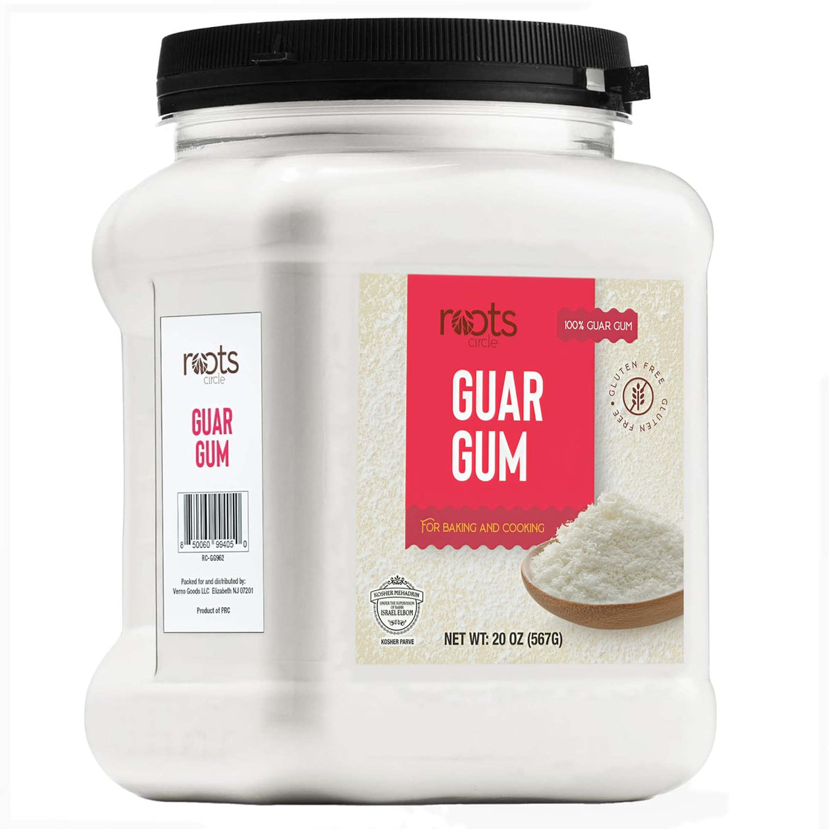 Roots Circle guar gum powder container, 20 oz, a pure plant thickener for sauces and baking.