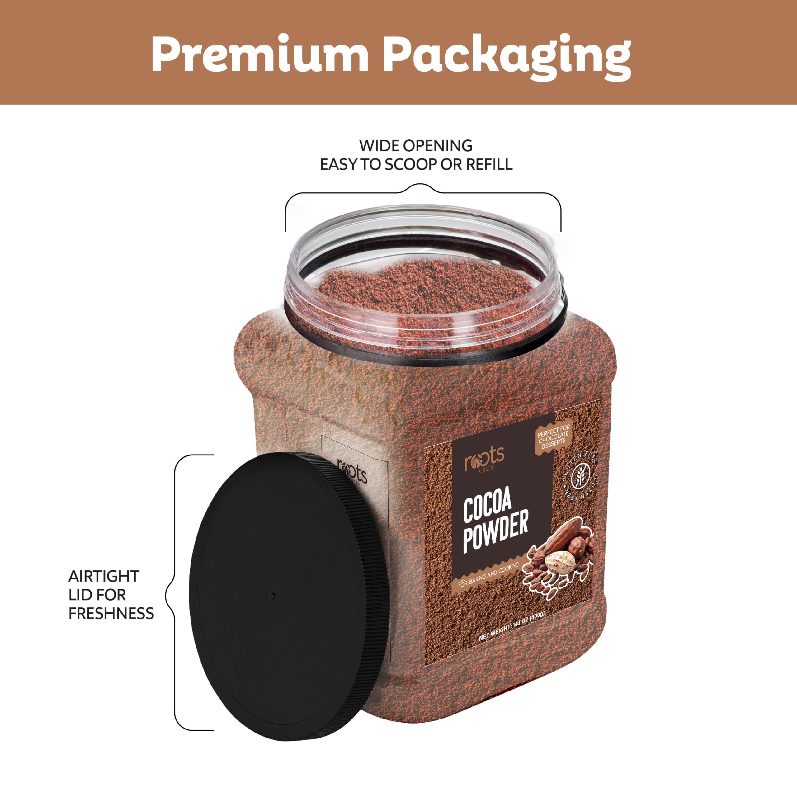 Roots Circle gluten-free kosher cocoa powder supports allergen-friendly recipes.