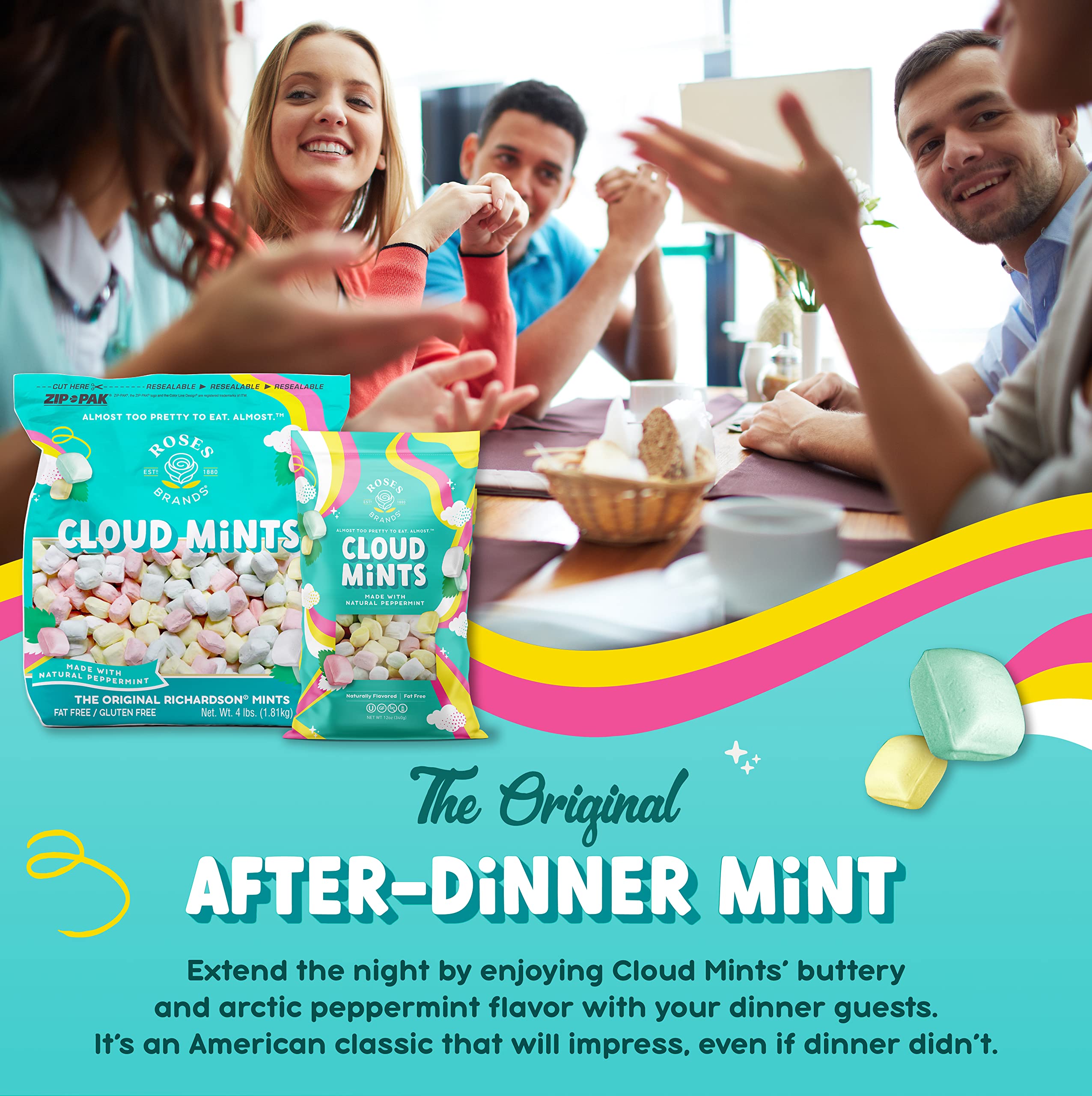 Roses Brands Cloud Mints kosher non-GMO gluten-free, fat-free composition.