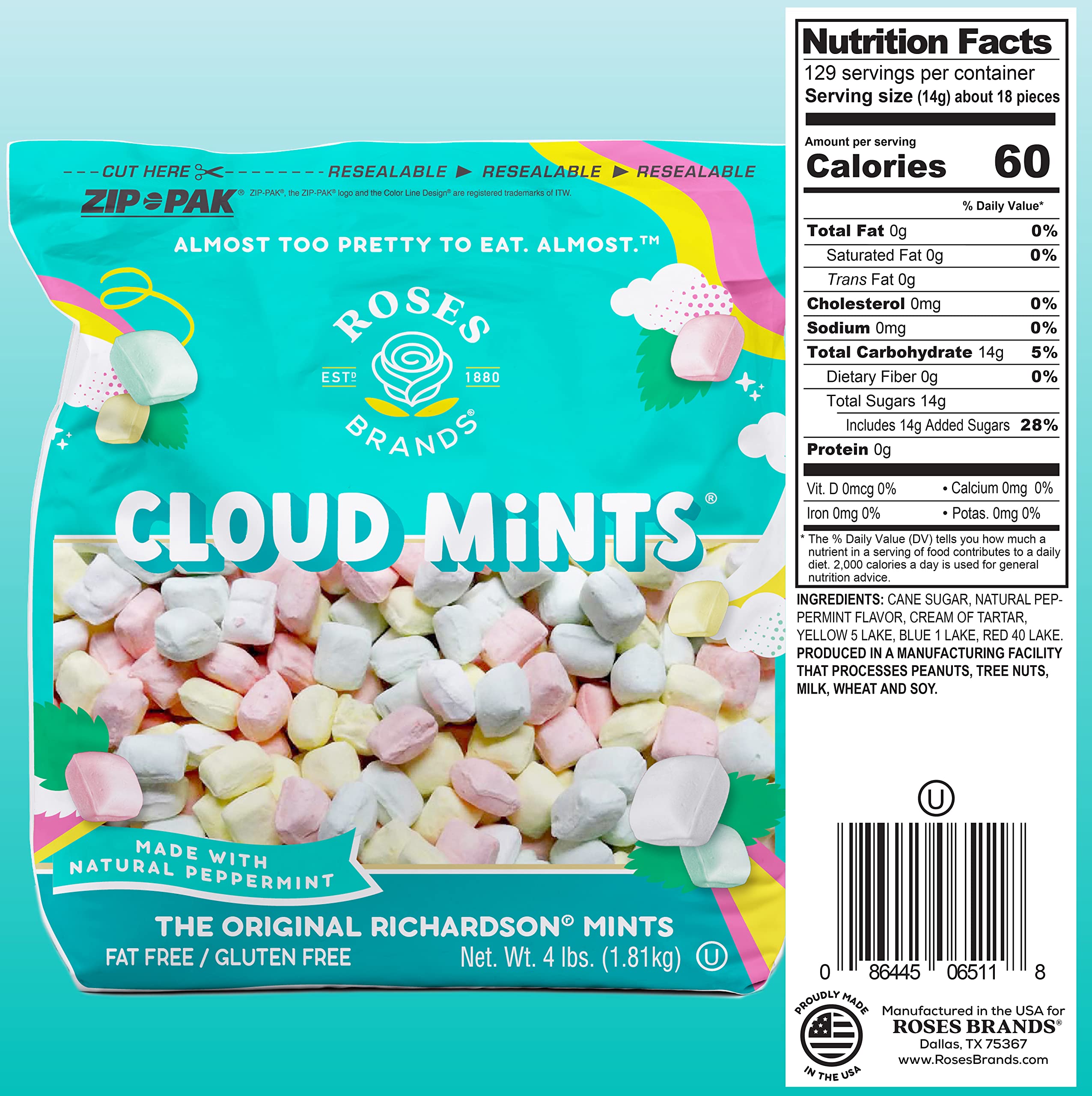 Roses Brands Cloud Mints melt-in-mouth peppermint for refreshing after-dinner moments.