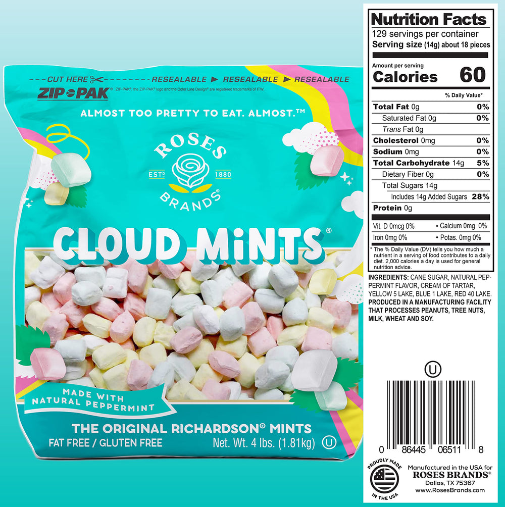 Roses Brands Cloud Mints melt-in-mouth peppermint for refreshing after-dinner moments.
