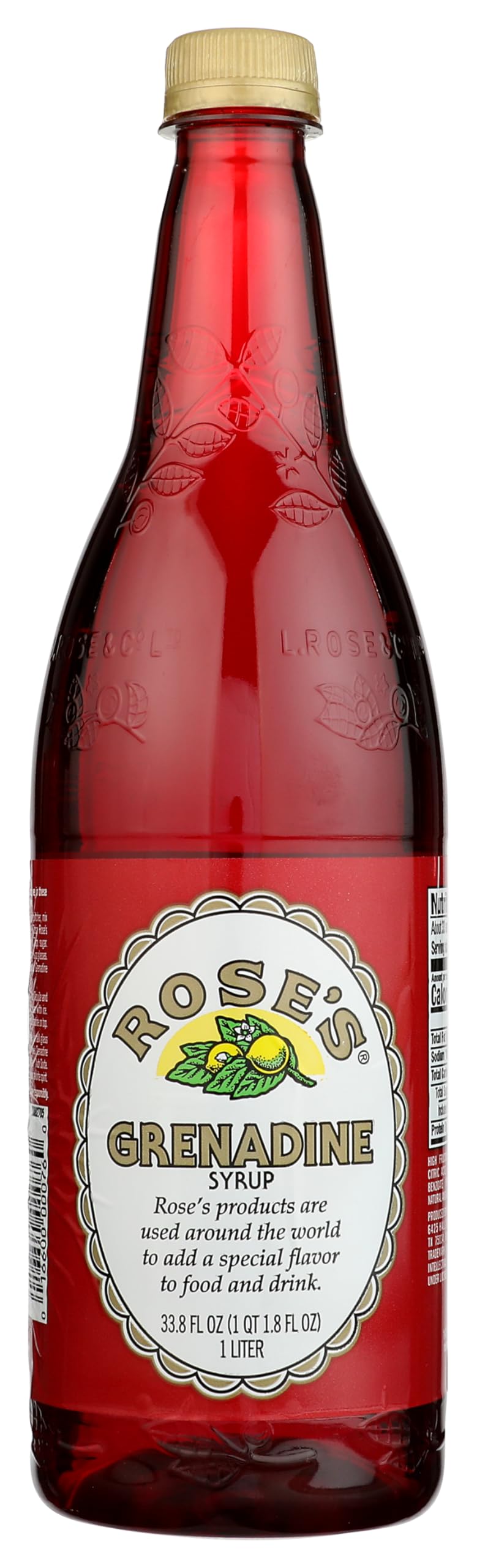 Rose's Grenadine bottle on bar, adds balanced sweetness to cocktails.