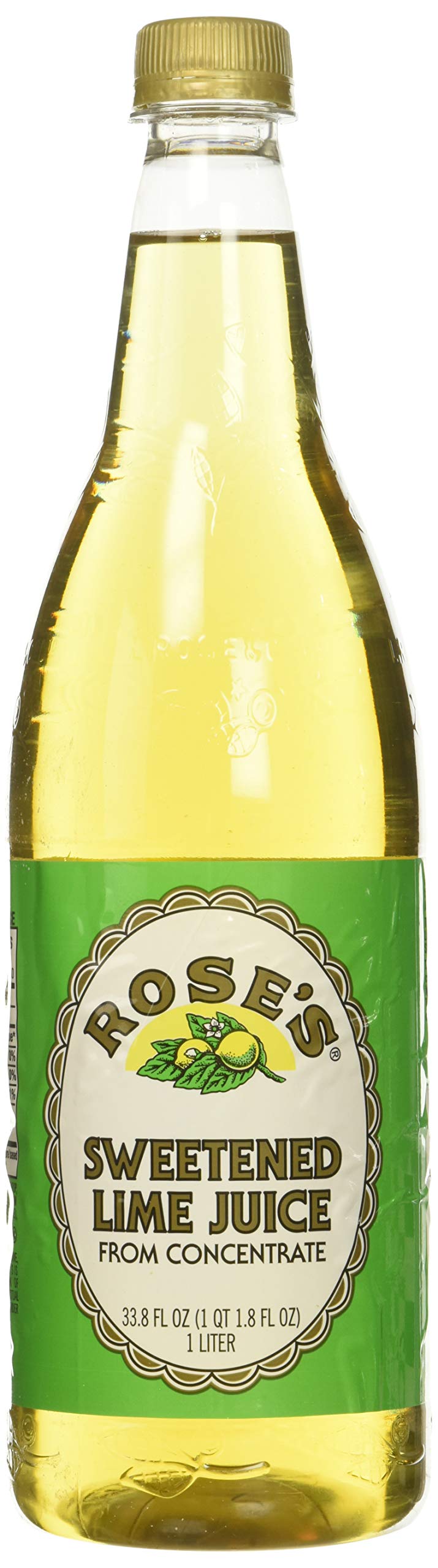 Rose's Sweetened Lime Juice bottle front showing authentic lime flavor for cocktails