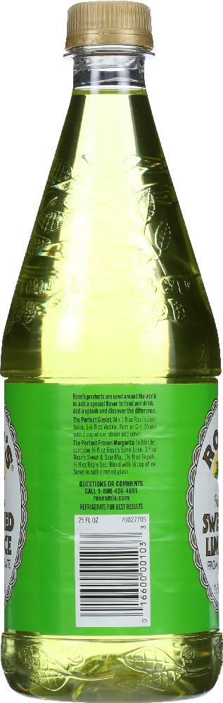 Close-up of Rose's West India Lime Juice label showing convenient 25 oz bottle.