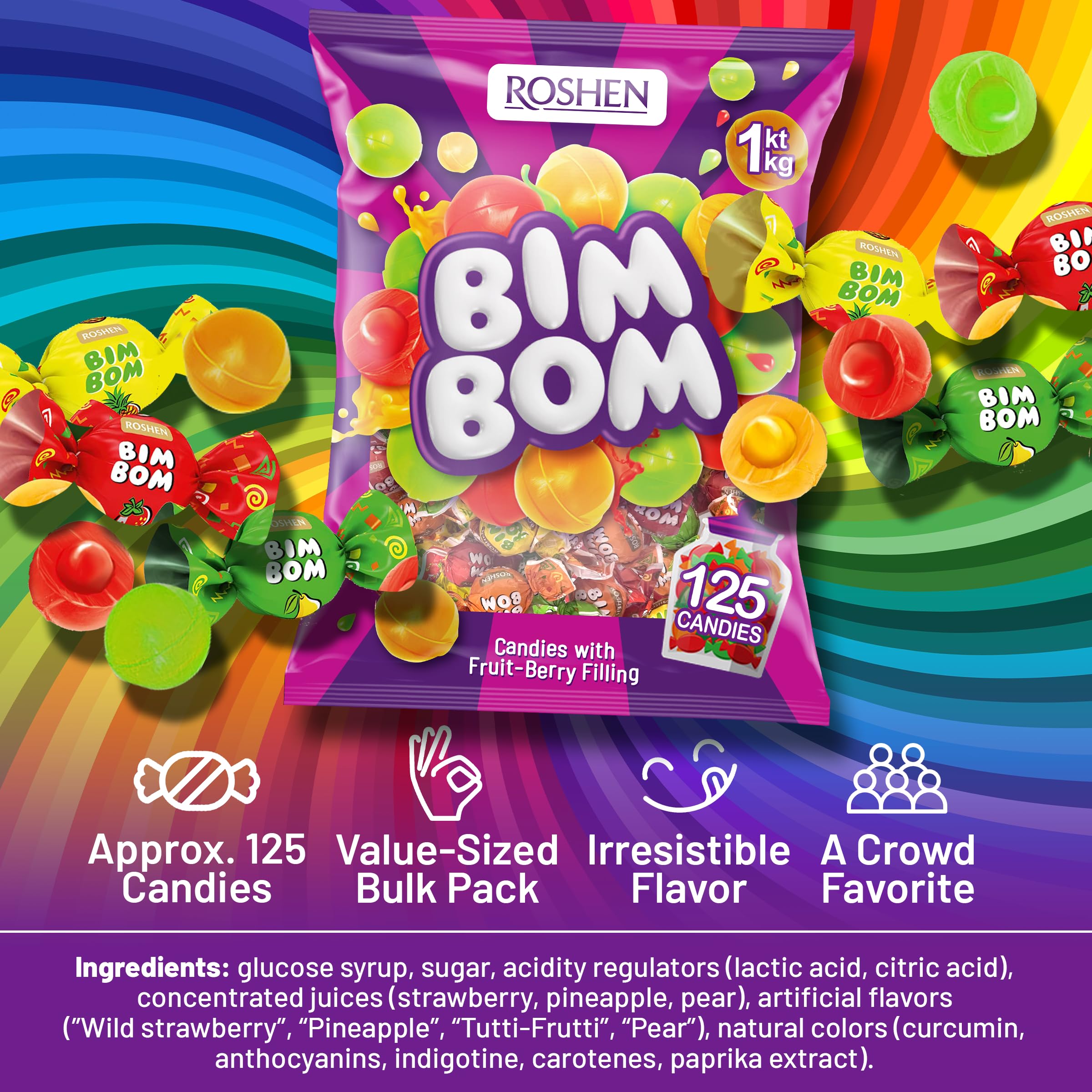Roshen Bim Bom tutti-frutti candy offering colorful flavor mix for party favors.