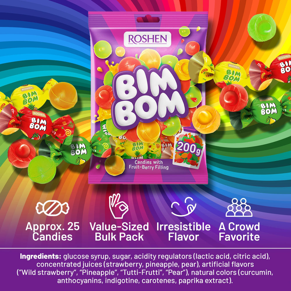 Roshen Bim Bom tutti-frutti-filled candy brings playful variety to gatherings.