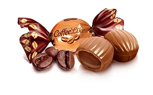 Roshen Coffeelike caramel candy with coffee aroma close-up for premium tasting.