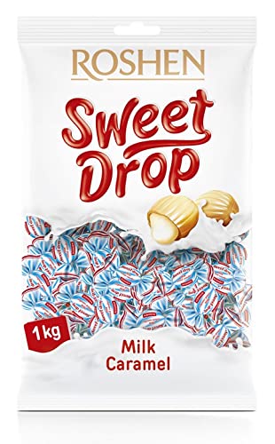 Roshen Caramel Sweet Drop round candies with a glossy caramel shell perfect for snacking.