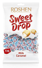 Roshen Caramel Sweet Drop round candies with a glossy caramel shell perfect for snacking.