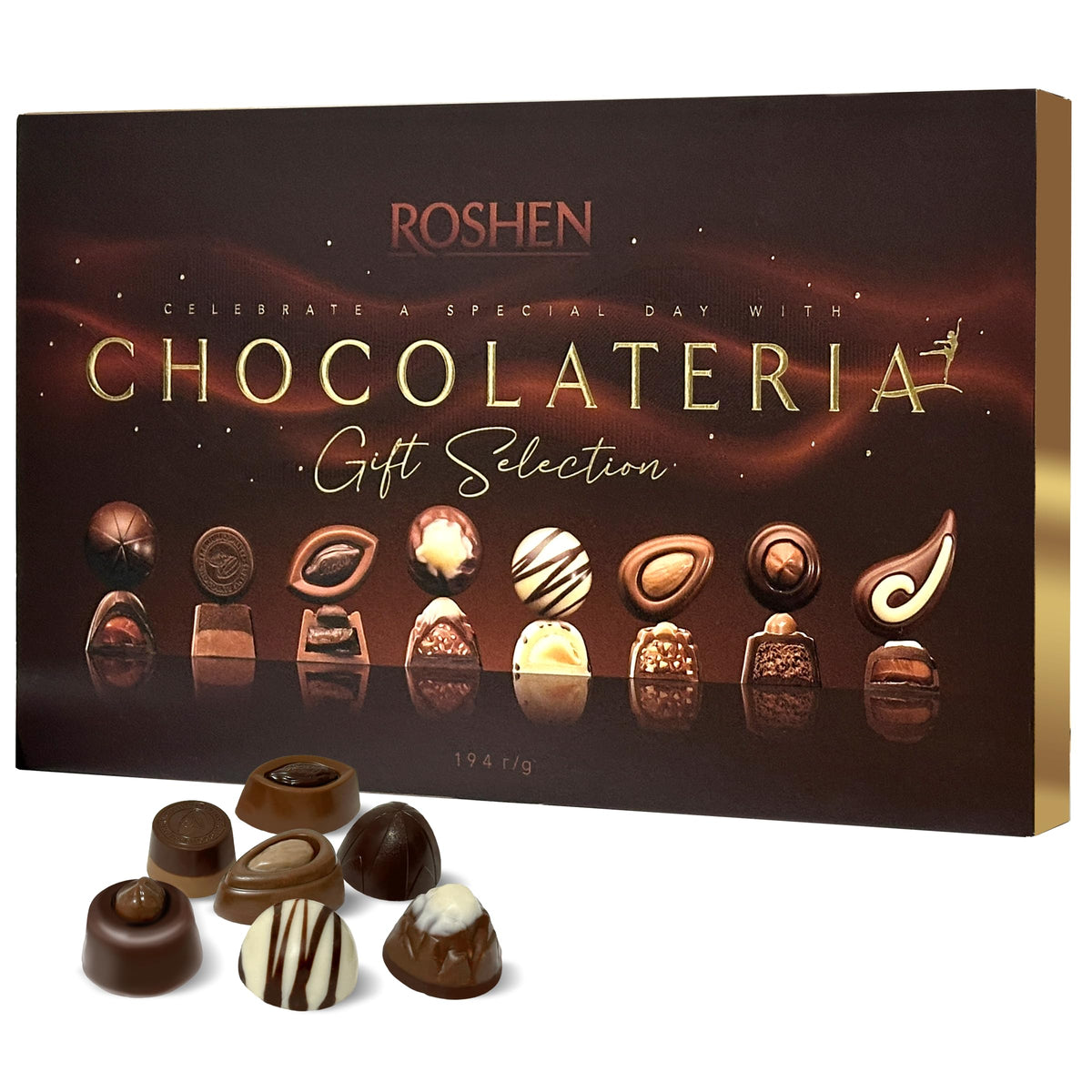Roshen Chocolateria assortment box top view; ideal gift presentation.