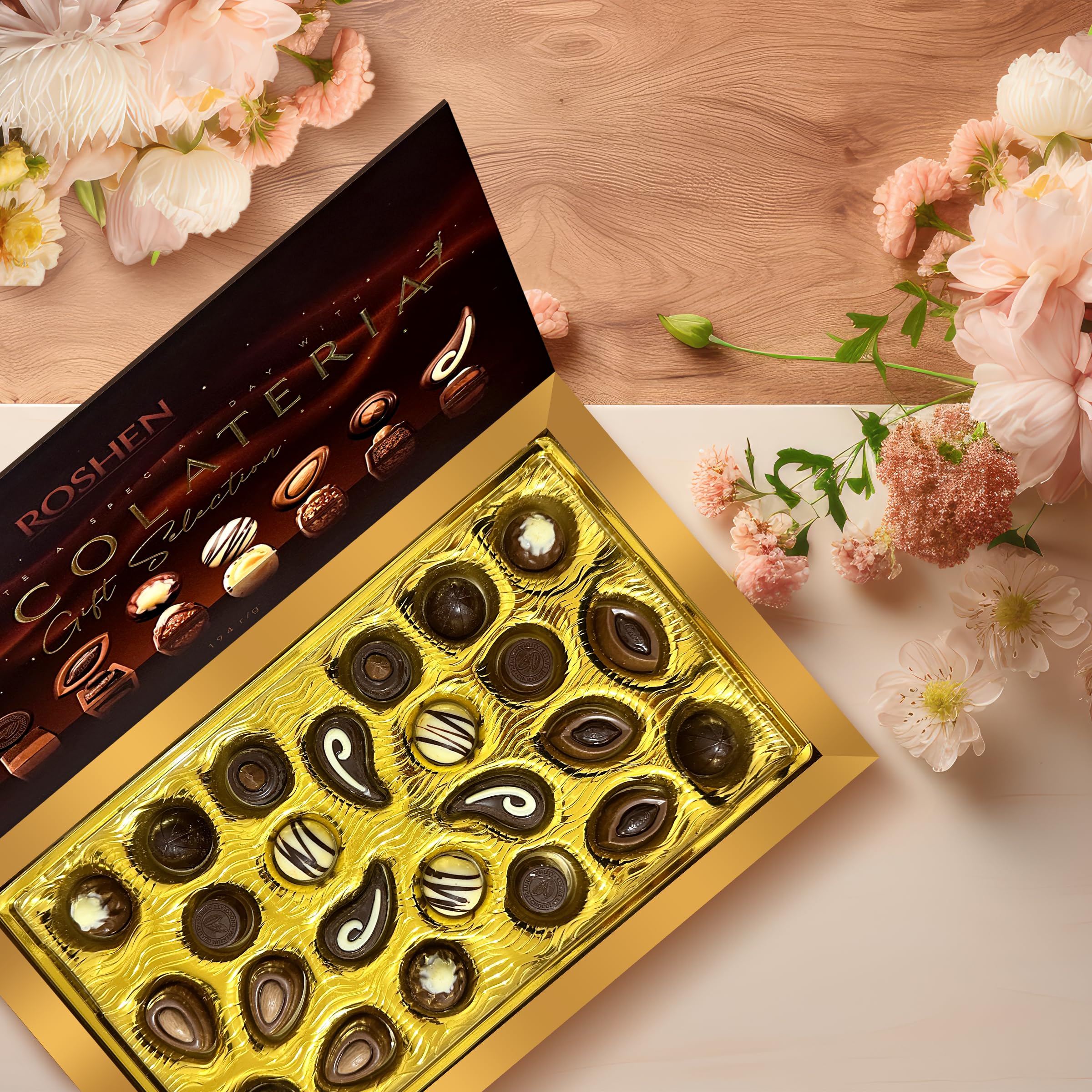 Roshen Chocolateria opened box reveal showcases premium chocolates.