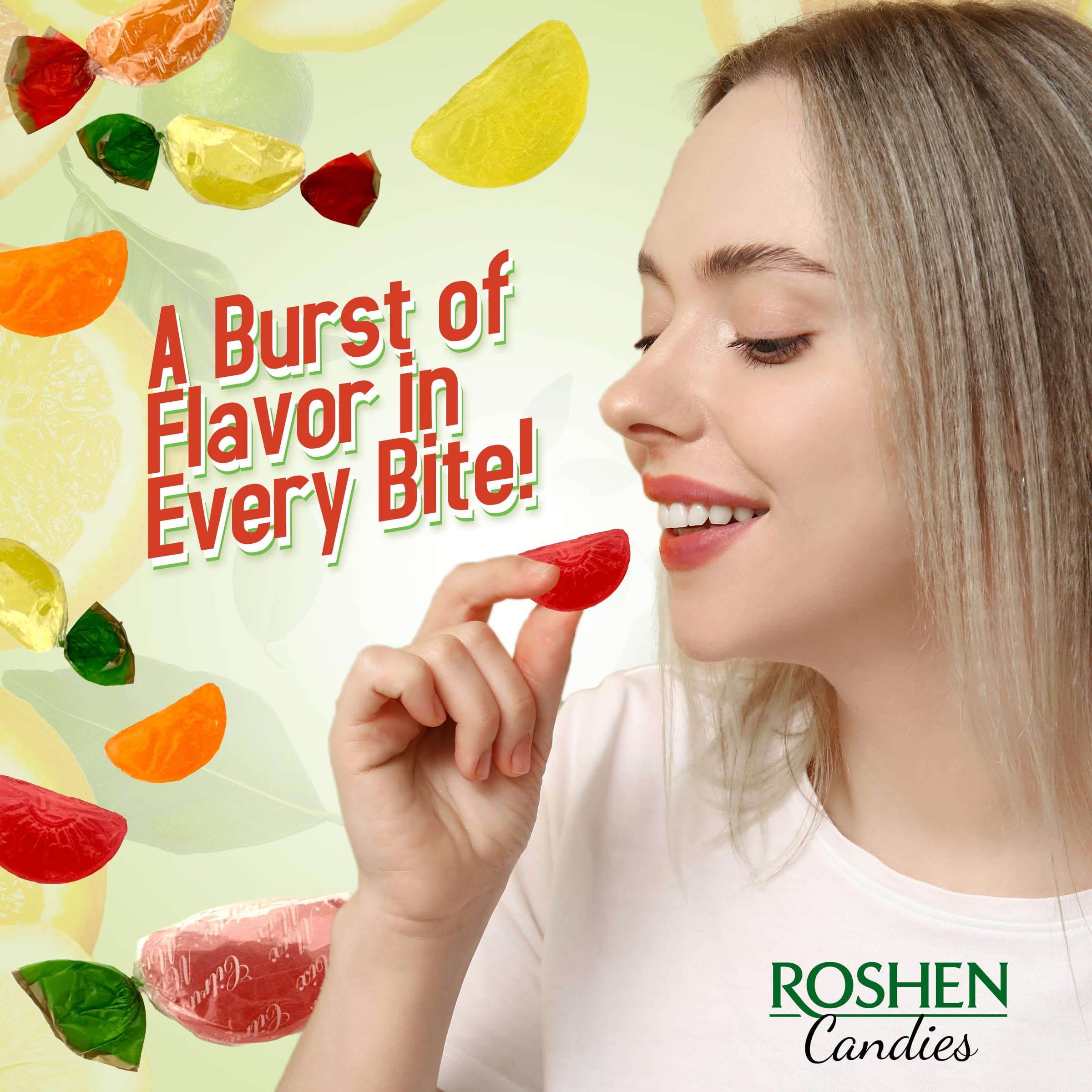 Roshen Citrus Mix assorted flavors close-up, real fruit juice notes.