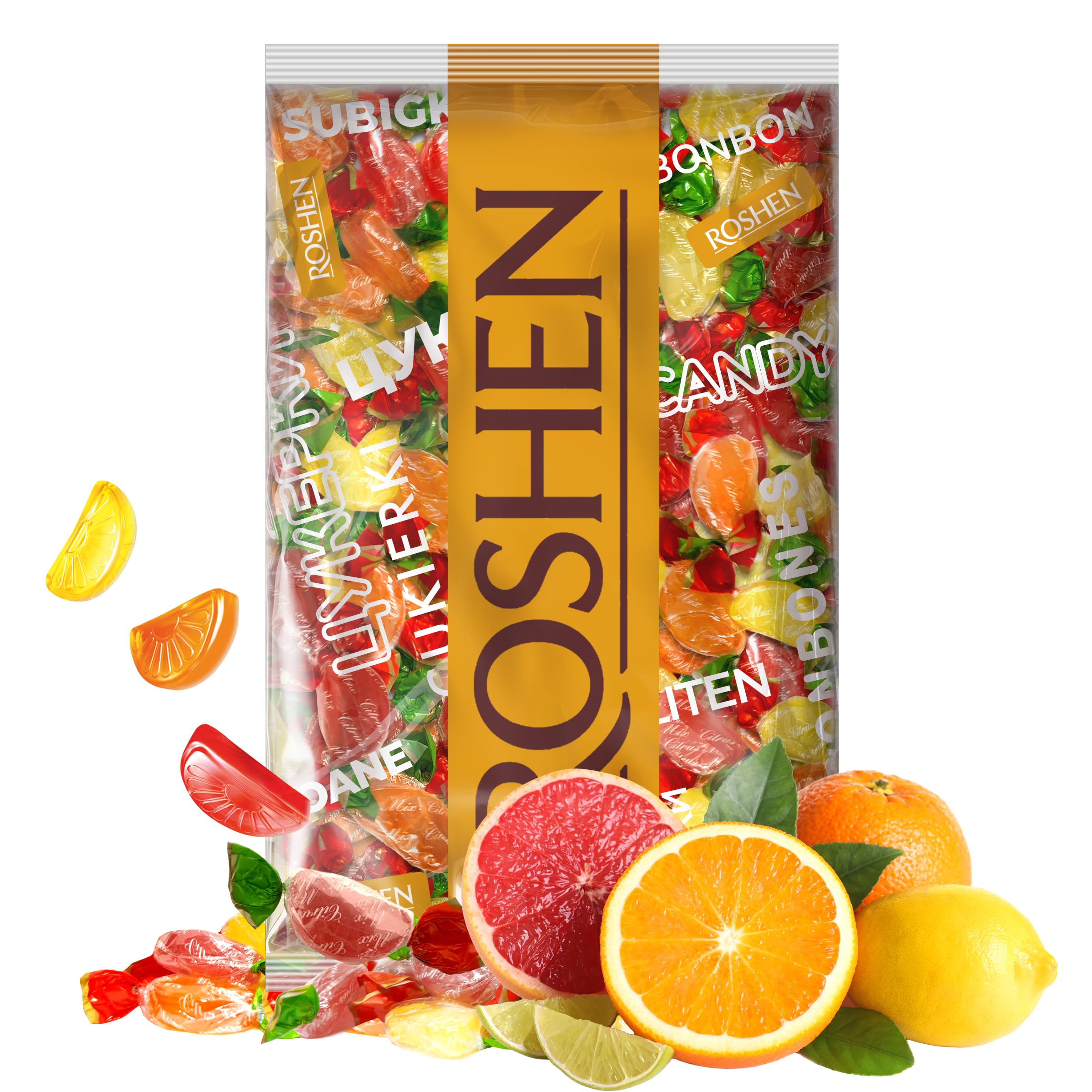 Roshen Citrus Mix hard candy bag front view, ideal for party bowls.