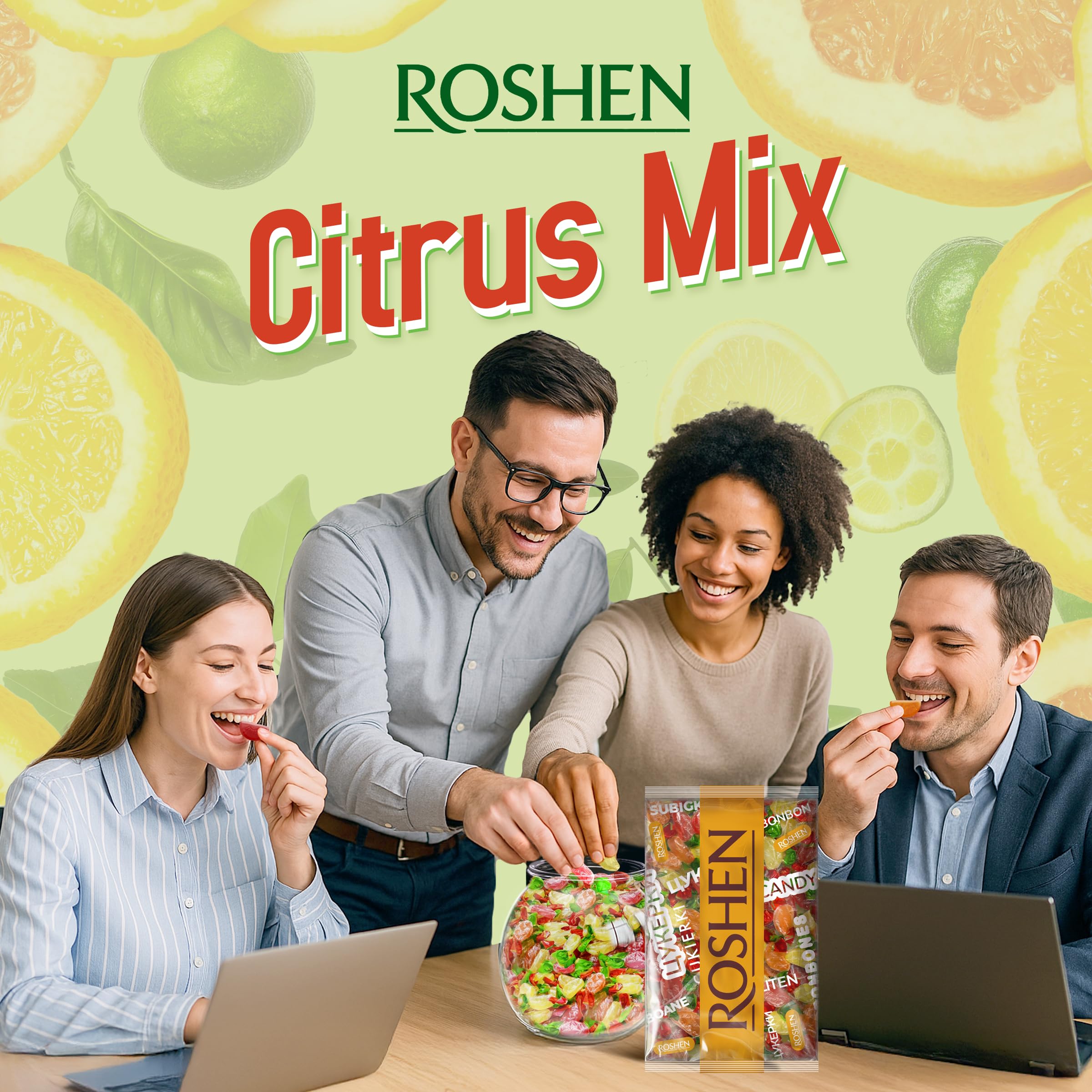 Roshen Citrus Mix hard candy bag side view, perfect bulk snacking.