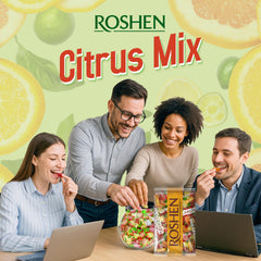 Roshen Citrus Mix hard candy bag side view, perfect bulk snacking.