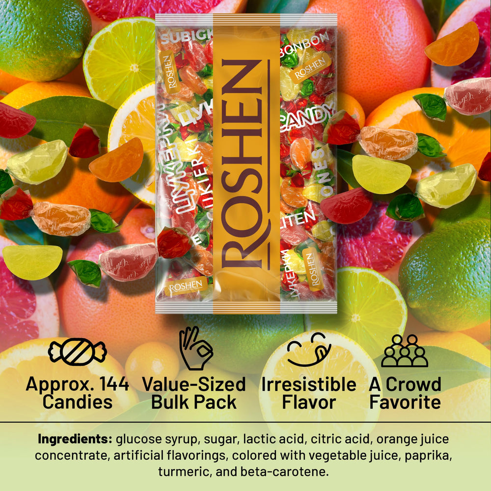 Roshen Citrus Mix individually wrapped candies, freshness on the go.