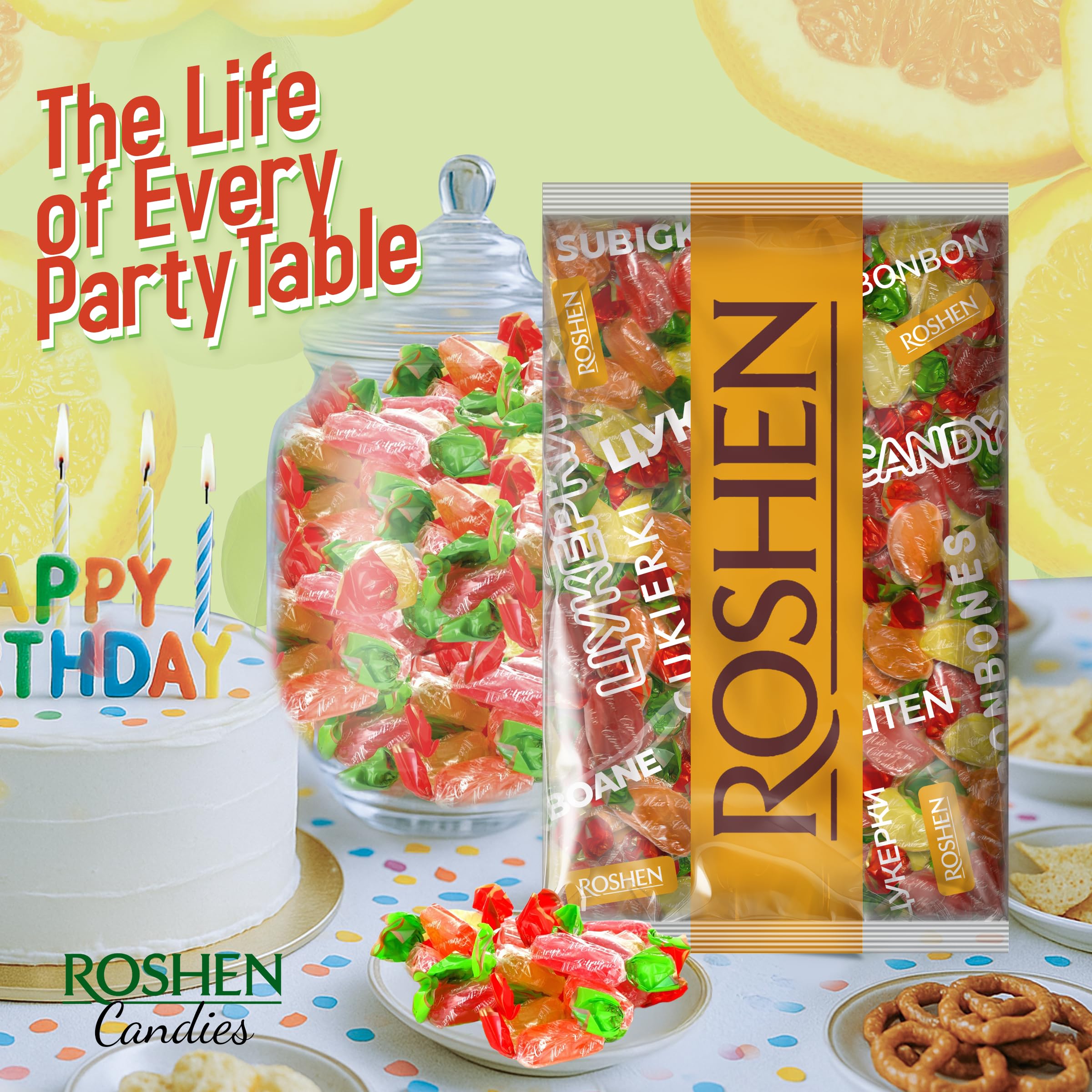 Roshen Citrus Mix candy bowl display, great for offices and parties.