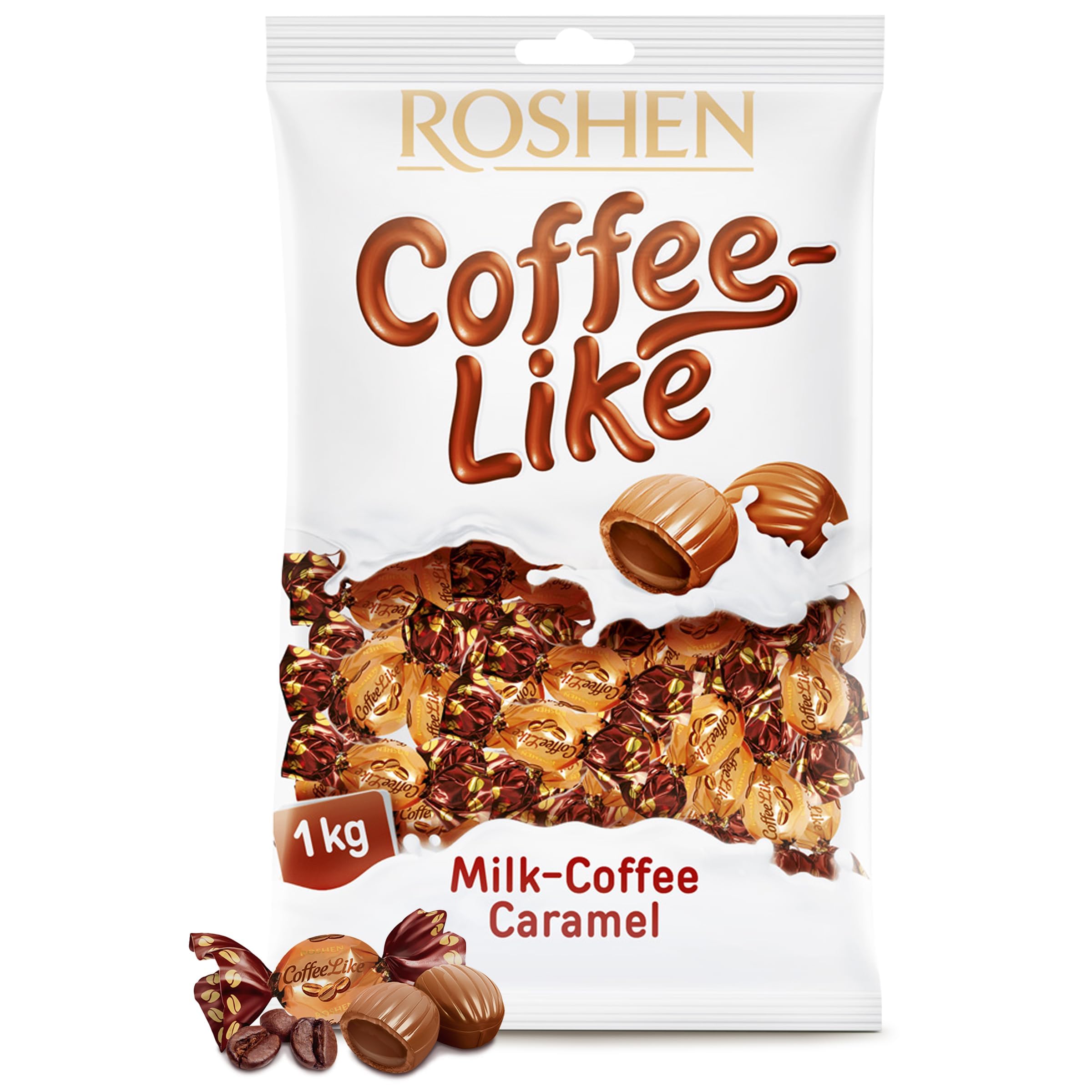 Roshen Coffeelike caramel candy close-up reveals creamy center for a premium treat.