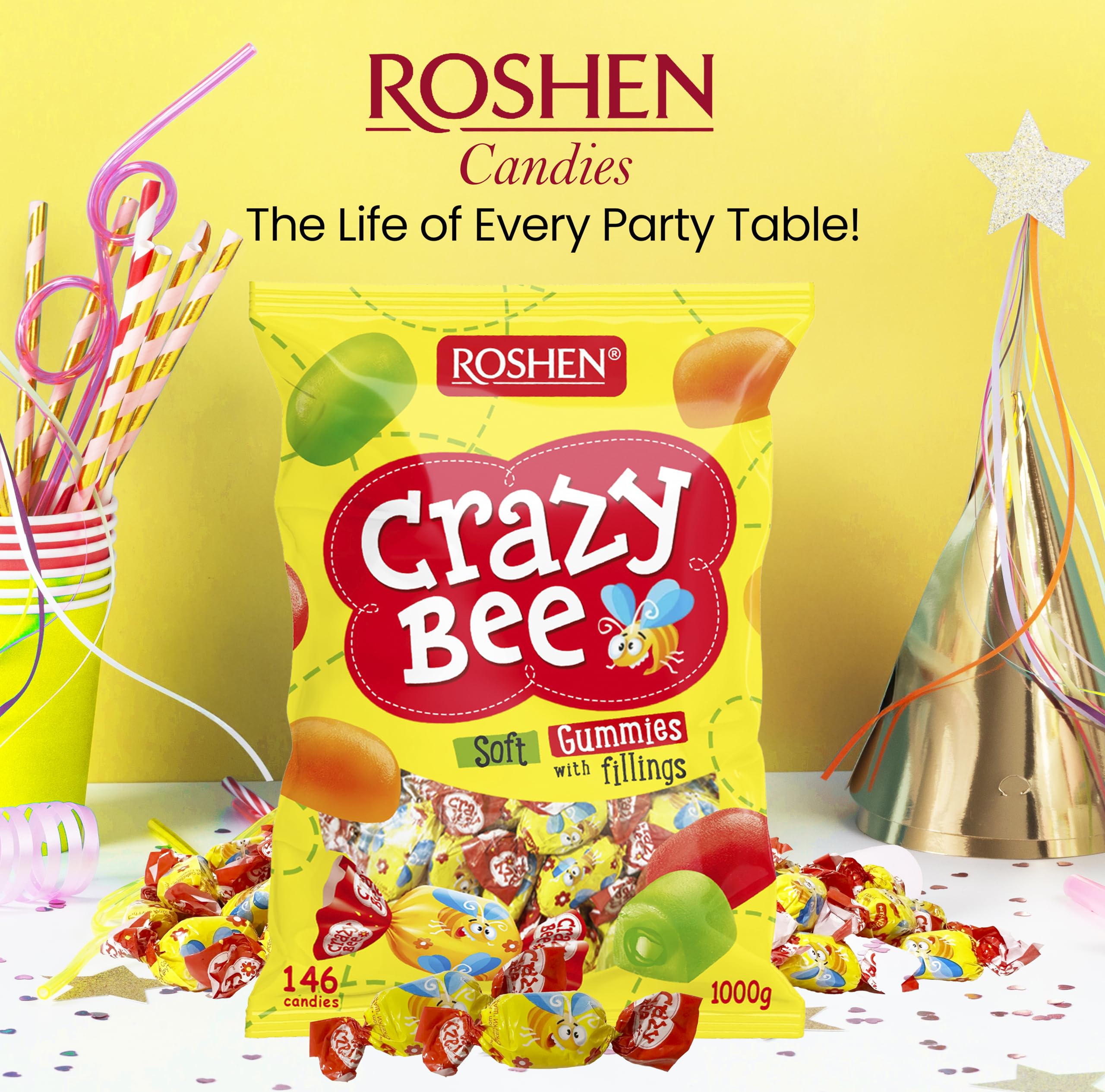 Roshen Crazy Bee Jelly Candy, Kosher and Halal certified for diverse diets.