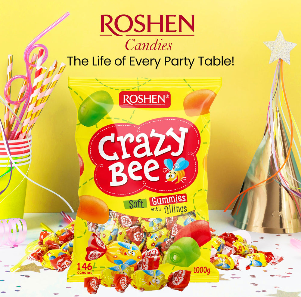 Roshen Crazy Bee Jelly Candy, Kosher and Halal certified for diverse diets.