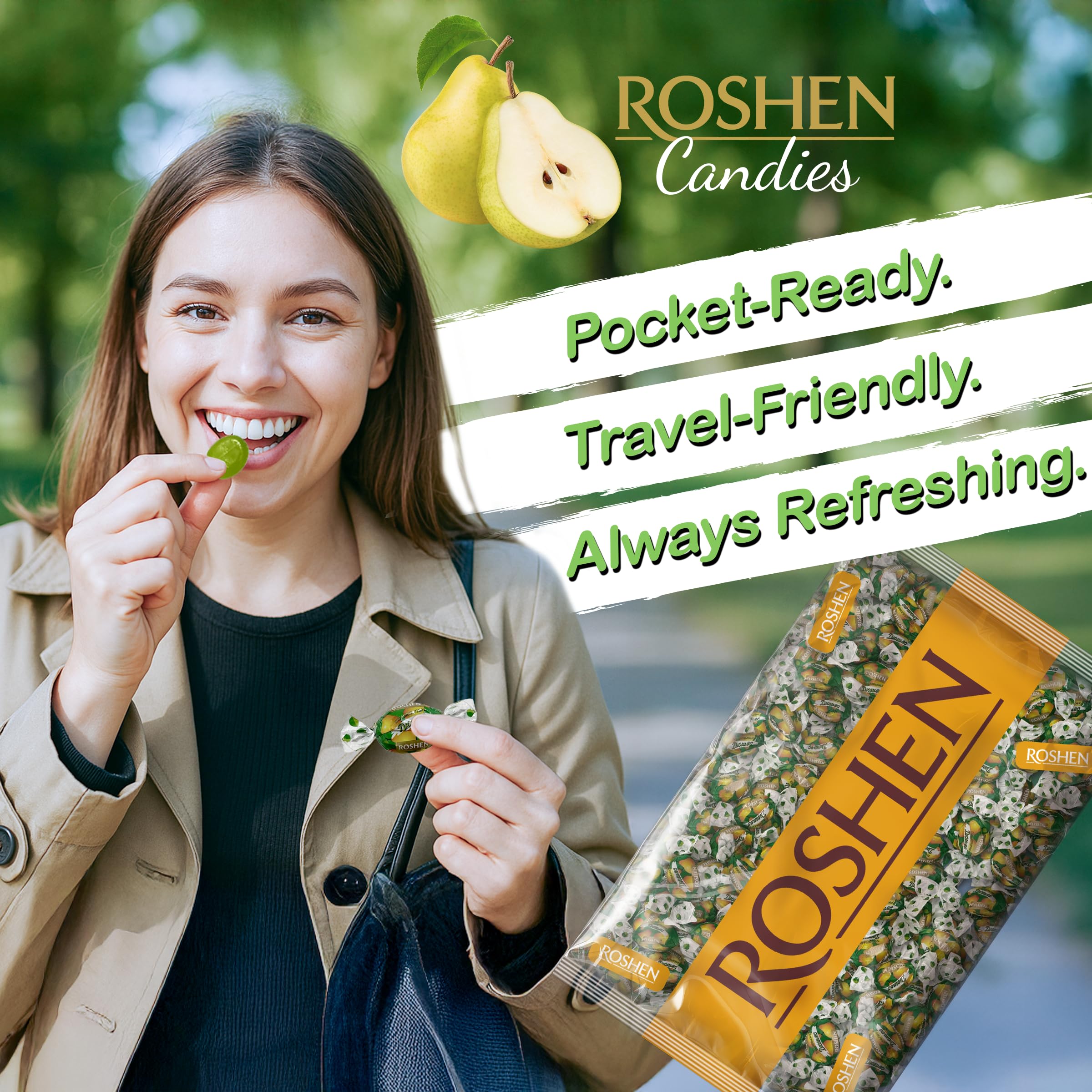 Roshen Duchess Pear candies in a bowl display for gatherings.