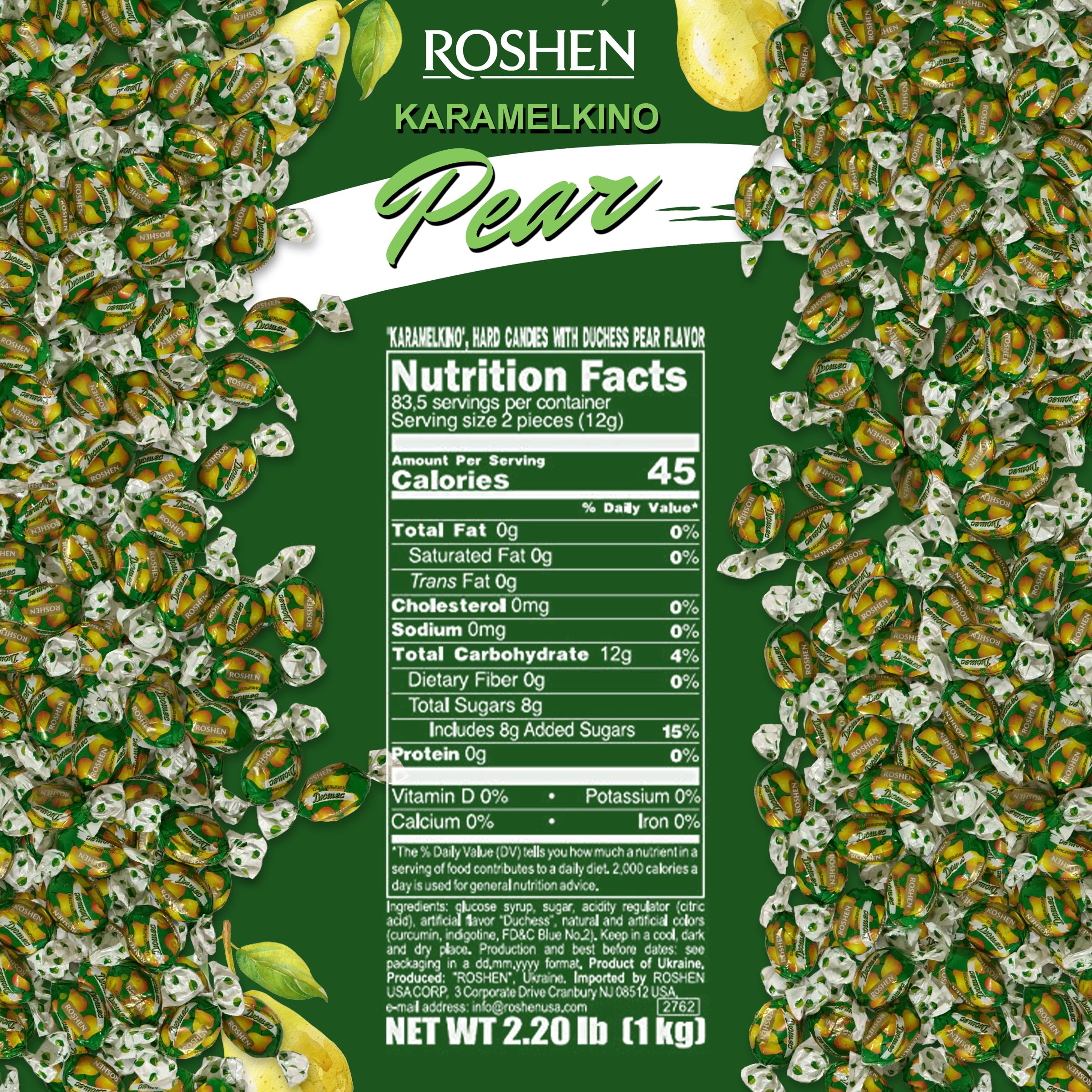 Roshen Duchess Pear hard candies close-up highlights pear flavor.
