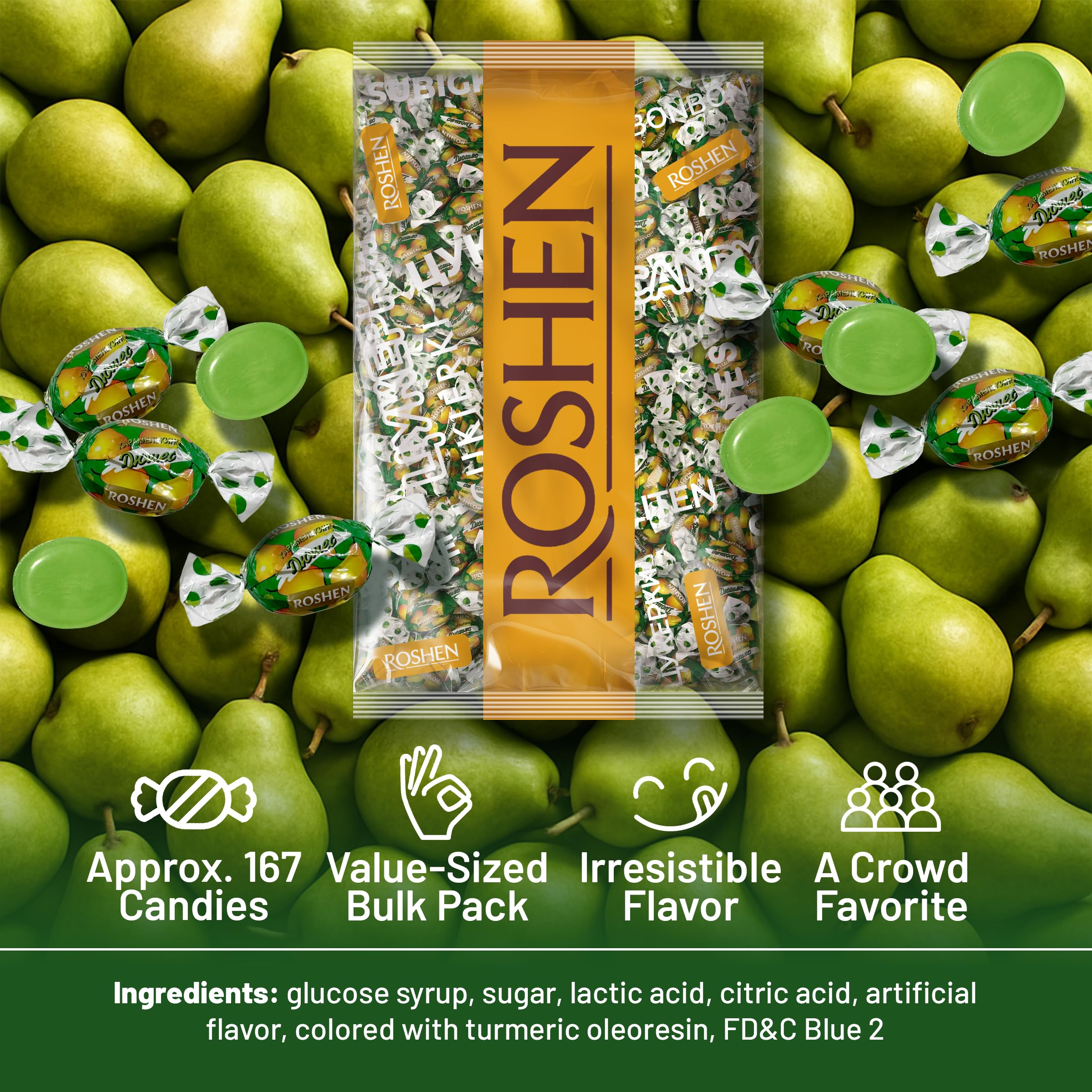 Roshen Duchess Pear hard candies individually wrapped for freshness on the go.