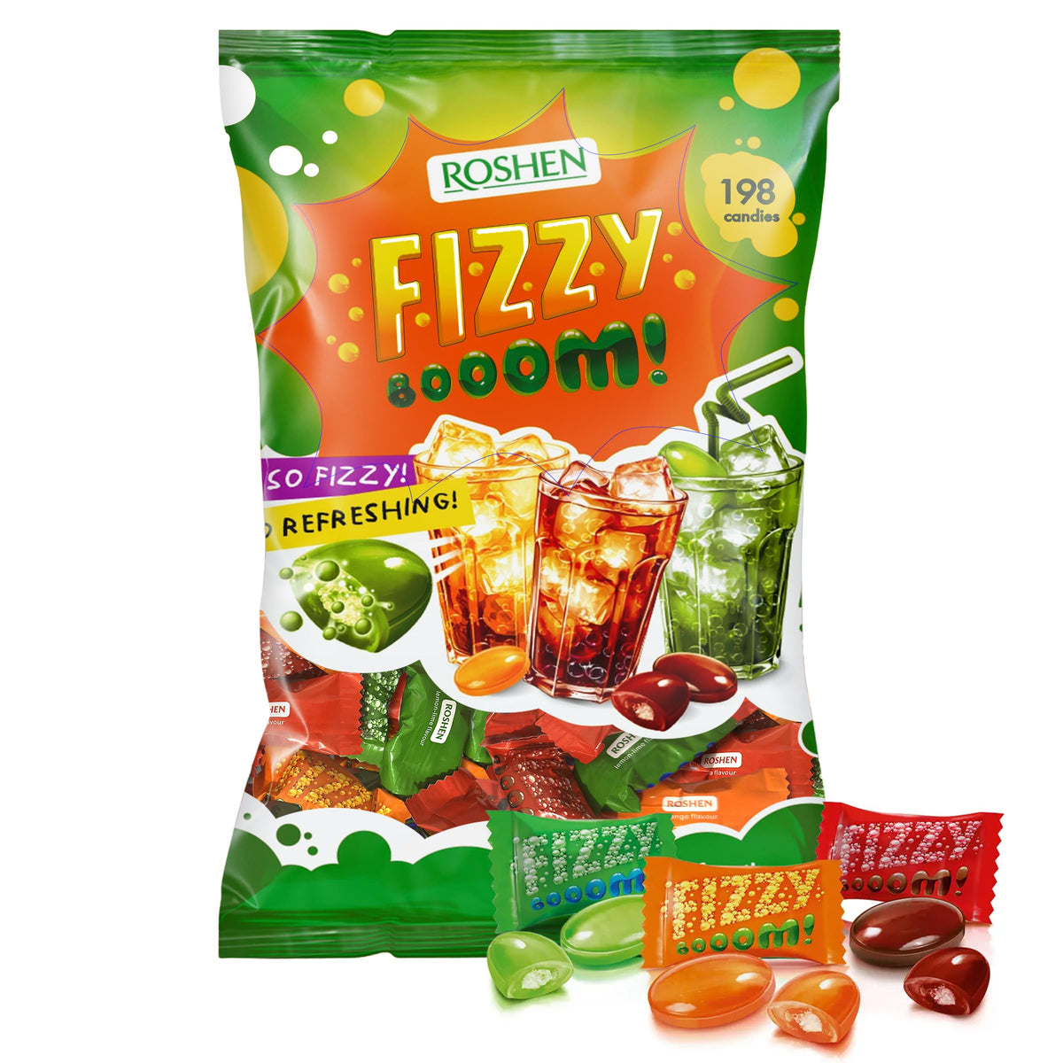 Roshen Fizzy Boom candy bulk bag showing assorted flavors for sharing and events