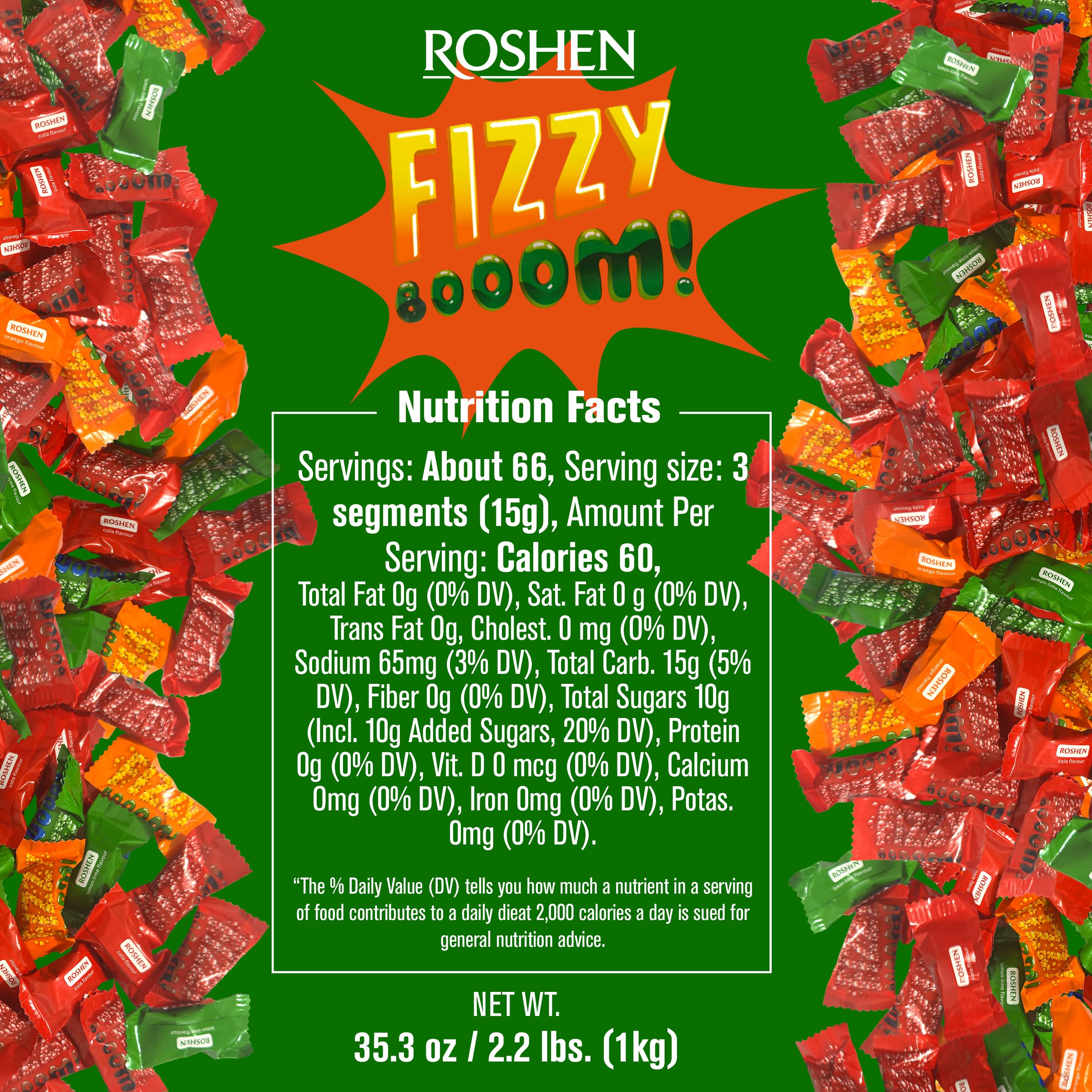 Roshen Fizzy Boom candy with fizz center offering playful texture and tang