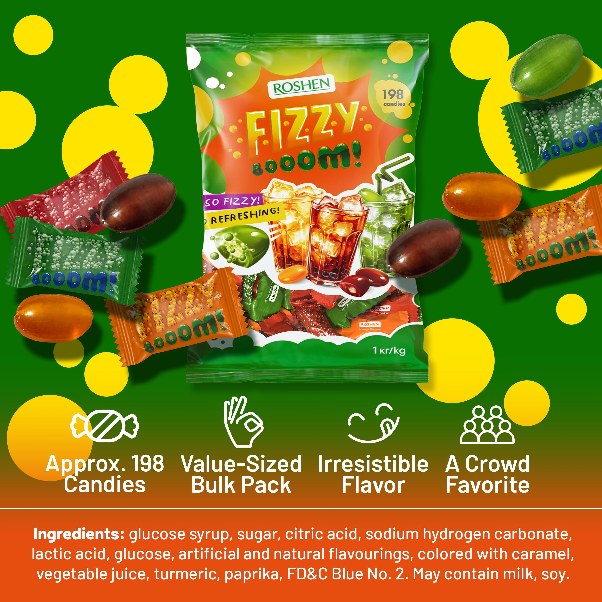 Roshen Fizzy Boom candy individually wrapped for freshness and sharing