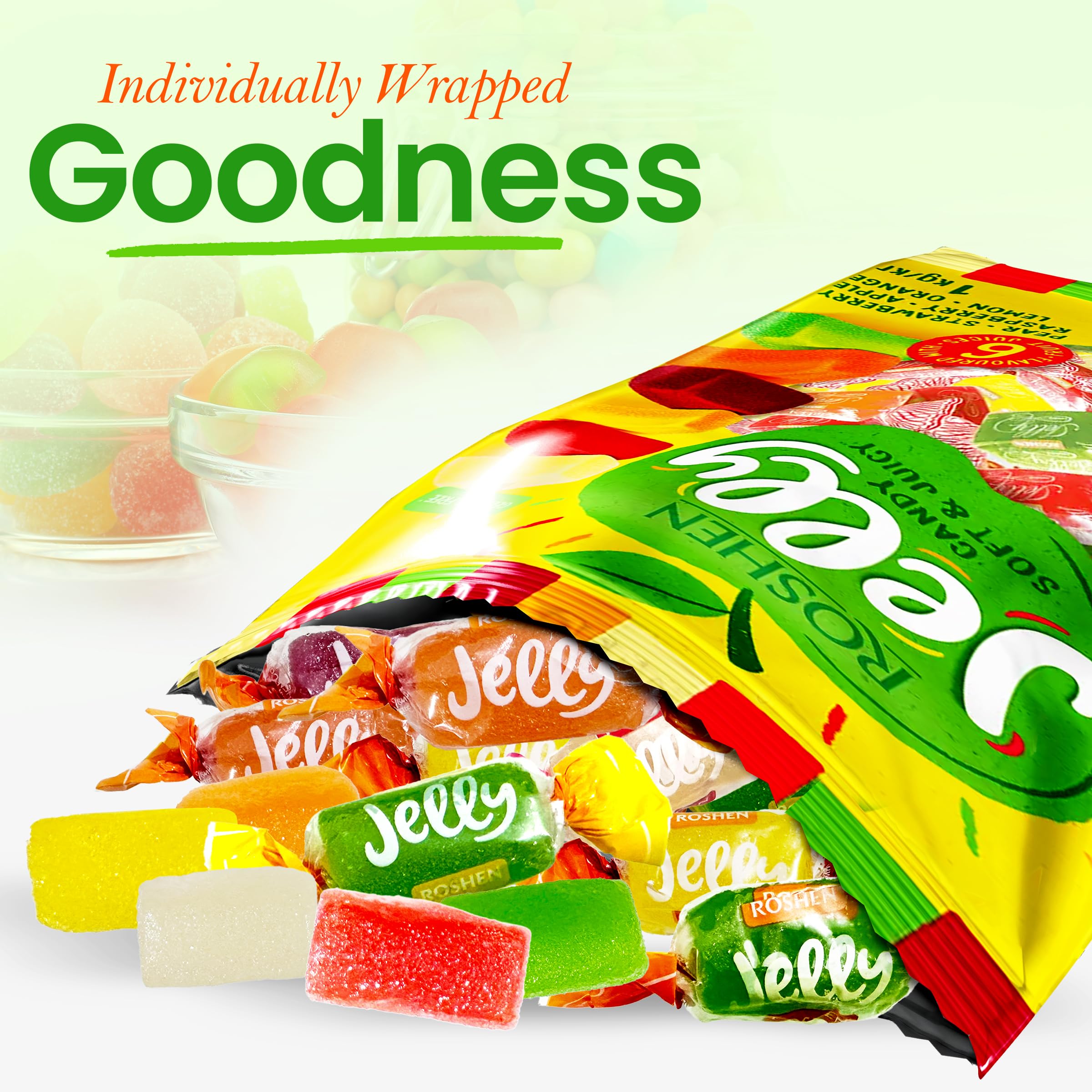 Roshen Jelly Candy individually wrapped-pieces image demonstrates freshness and convenient sharing.