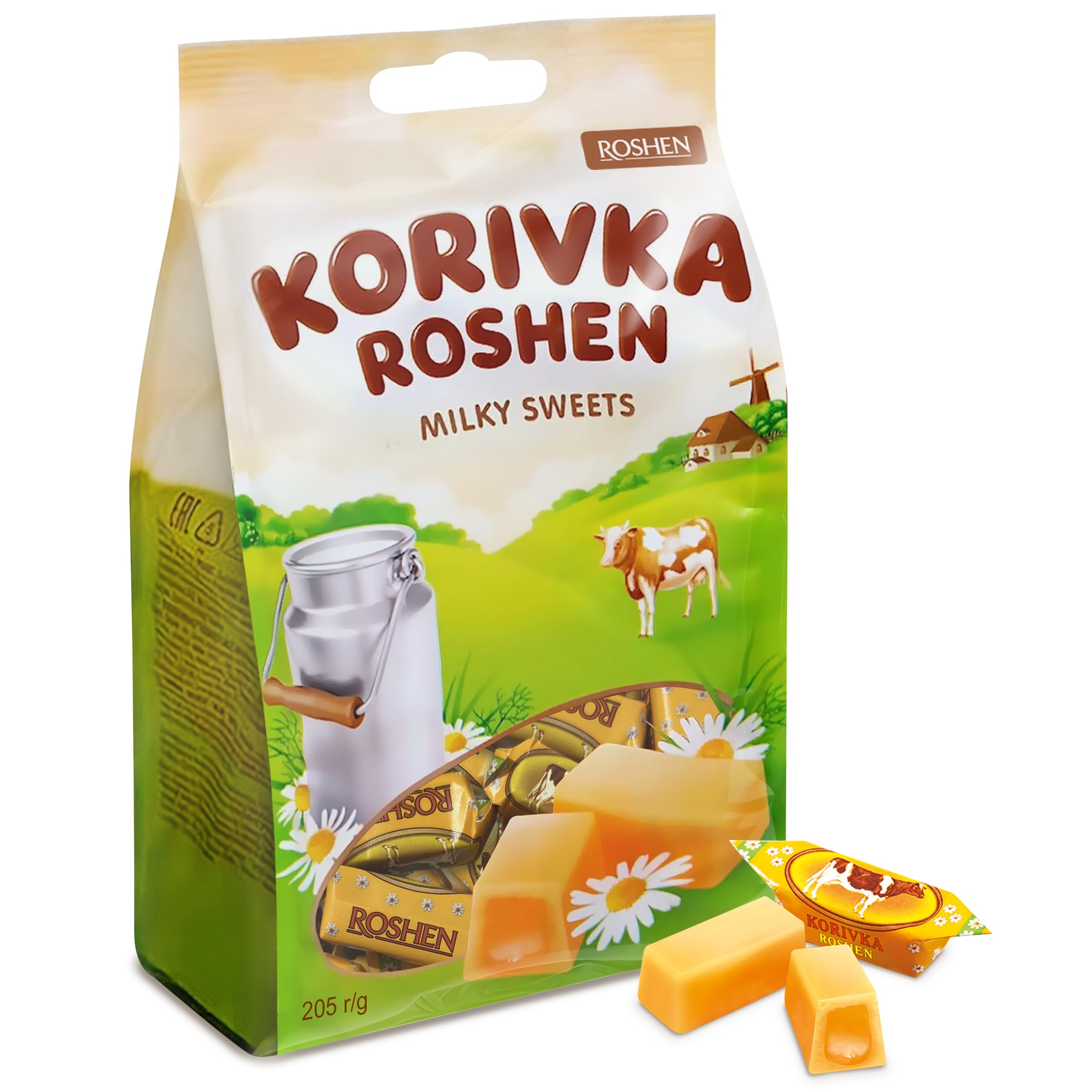 Roshen Korivka milk fudge piece shows creamy center and sugary crust, a satisfying bite.