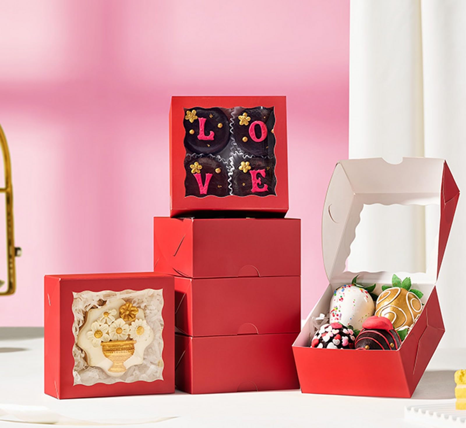 ROSPAKTEK box with window holds macarons for appealing display.