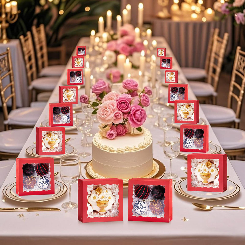 ROSPAKTEK gift boxes on a table create festive display.